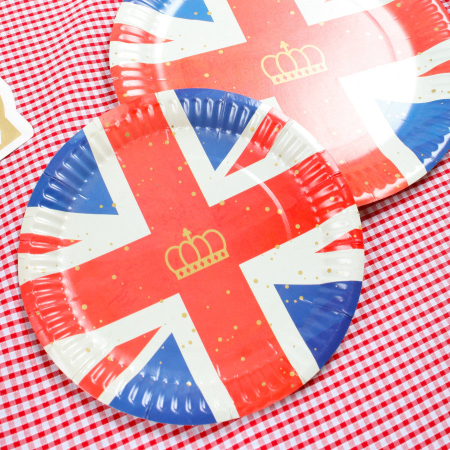Union Jack 9 inch paper plates – Pack of 10 with Gold Foil Crown Design