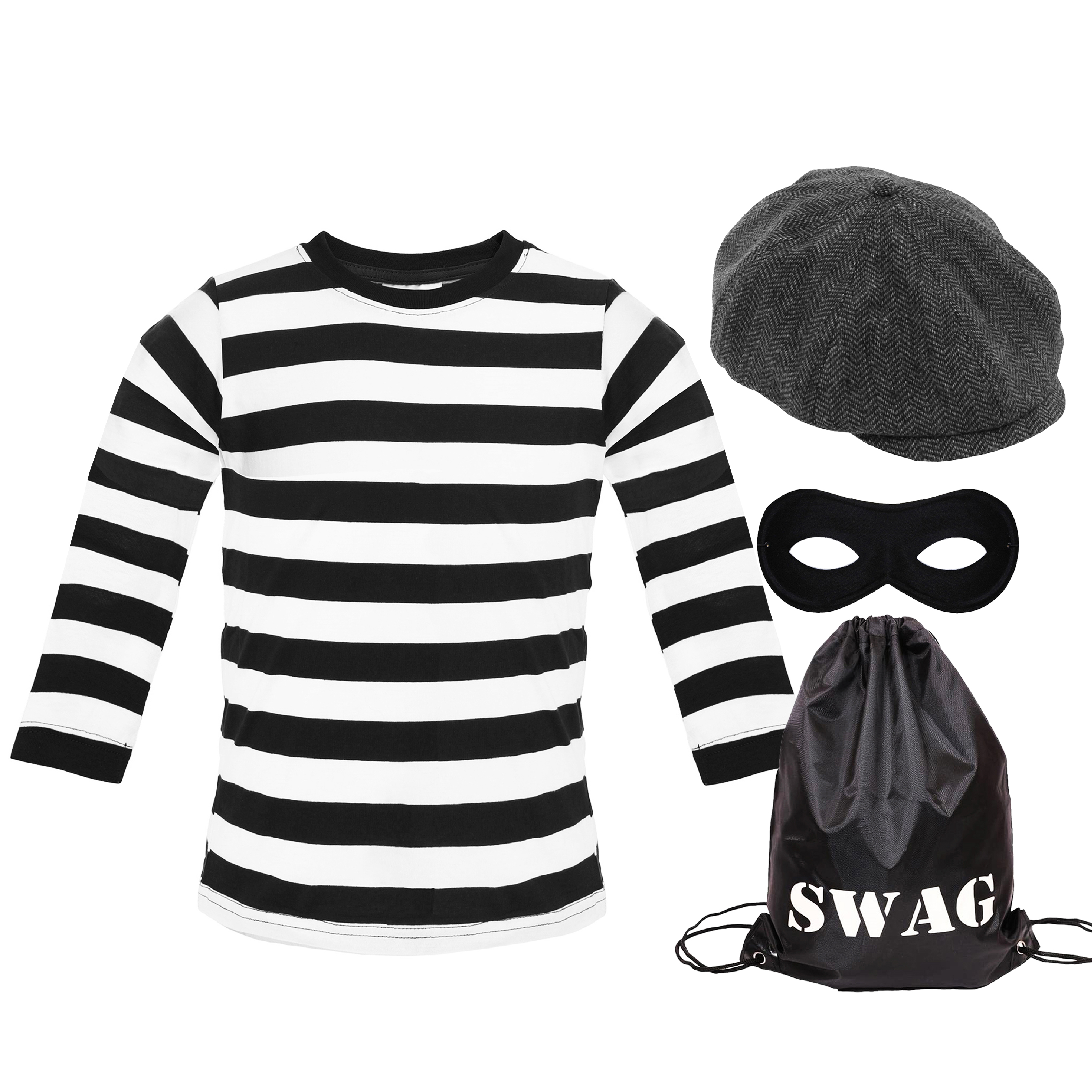 Men's Storybook Burglar Costume - Long Sleeve Top, Grey Hat, Mask & Swag Bag