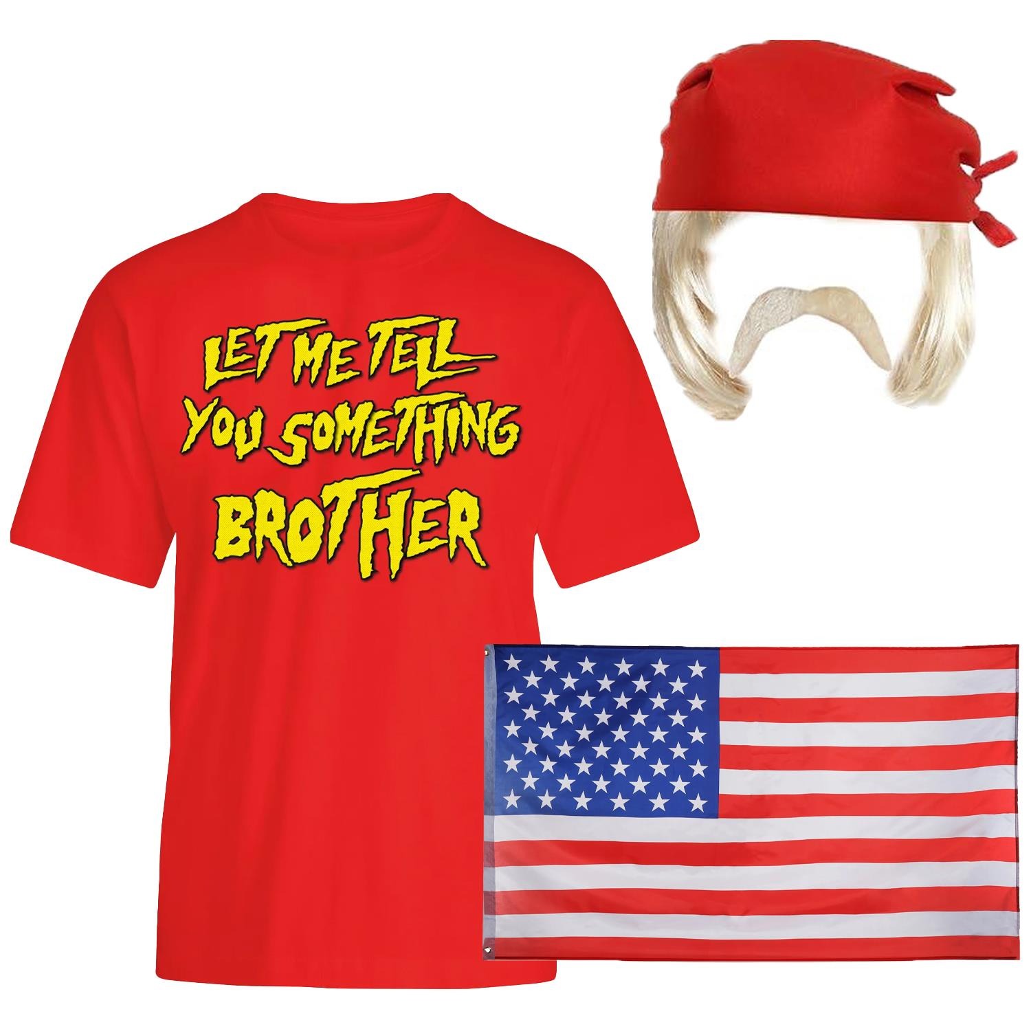 Adults Hulk Hogan Costume | 5 Pcs | T-Shirt, Wig, Bandana, Moustache & Flag