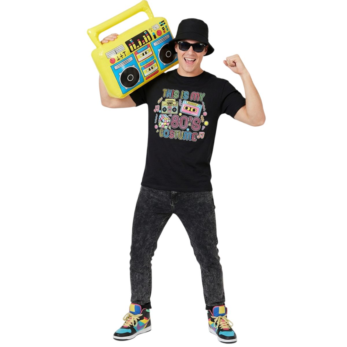 Adults 80’s Costume | 4 Pcs | Black T-Shirt, Glasses, Inflatable Boombox & Black Bucket Hat