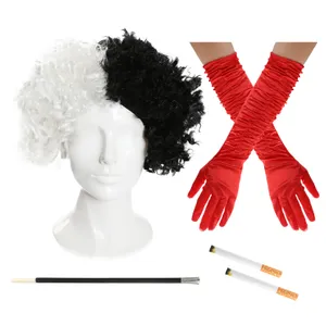 Evil Dog Lady Accessory Set - Crimped Wig, Crinkle Red Gloves & Fake Cigarettes