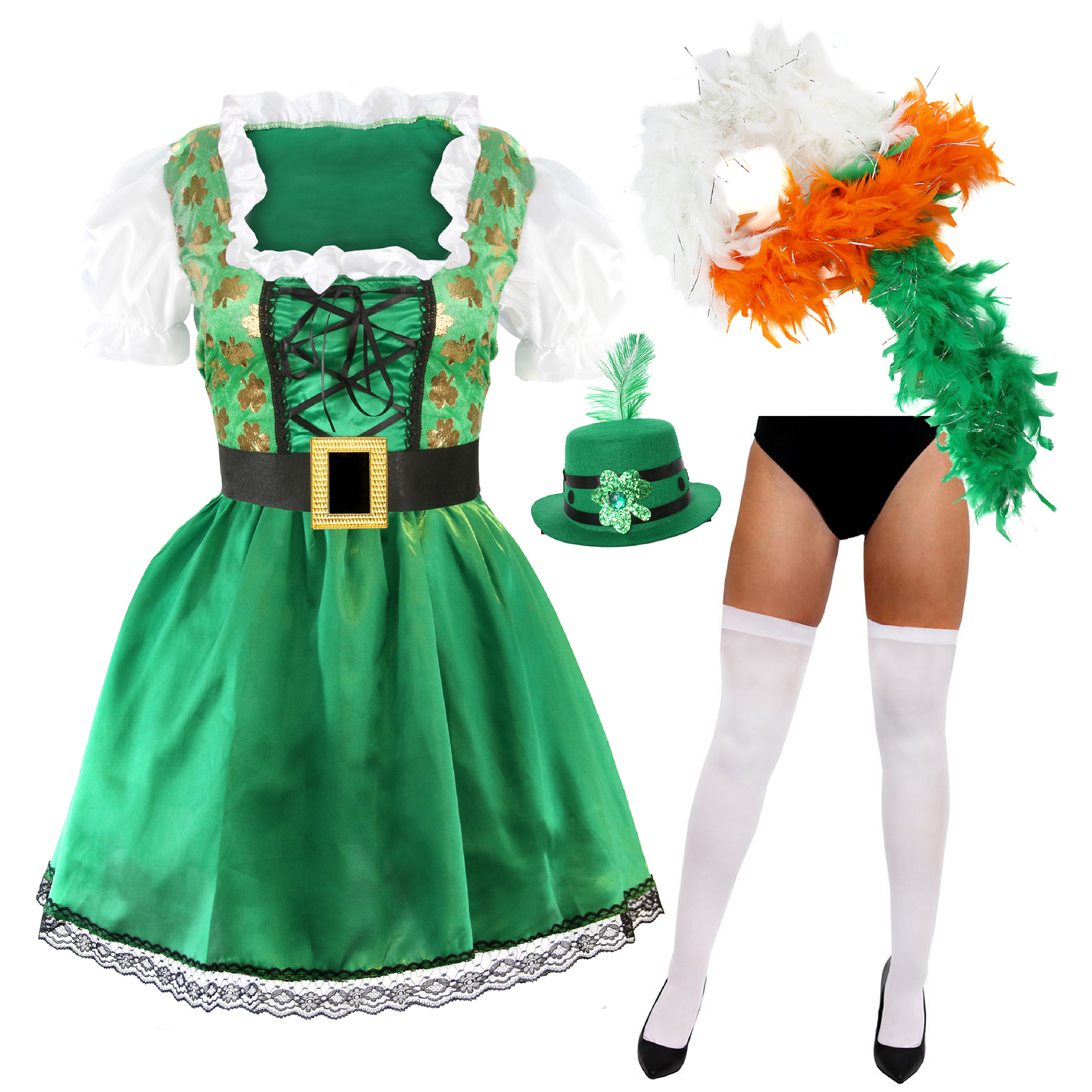 Ladies St Patricks Day Dress with White Stockings, Irish Boa and Hat
