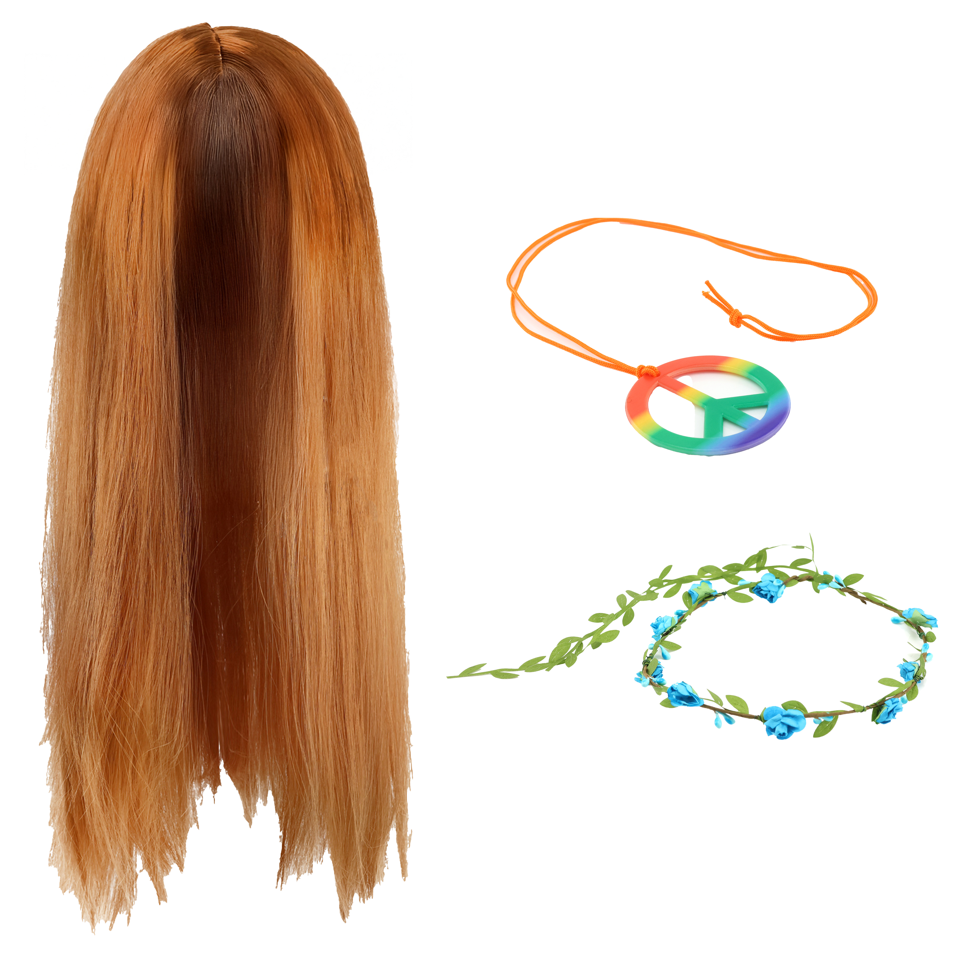 Hippy Accessory Set – Wig, Rainbow Peace Necklace & Blue Flower Headband