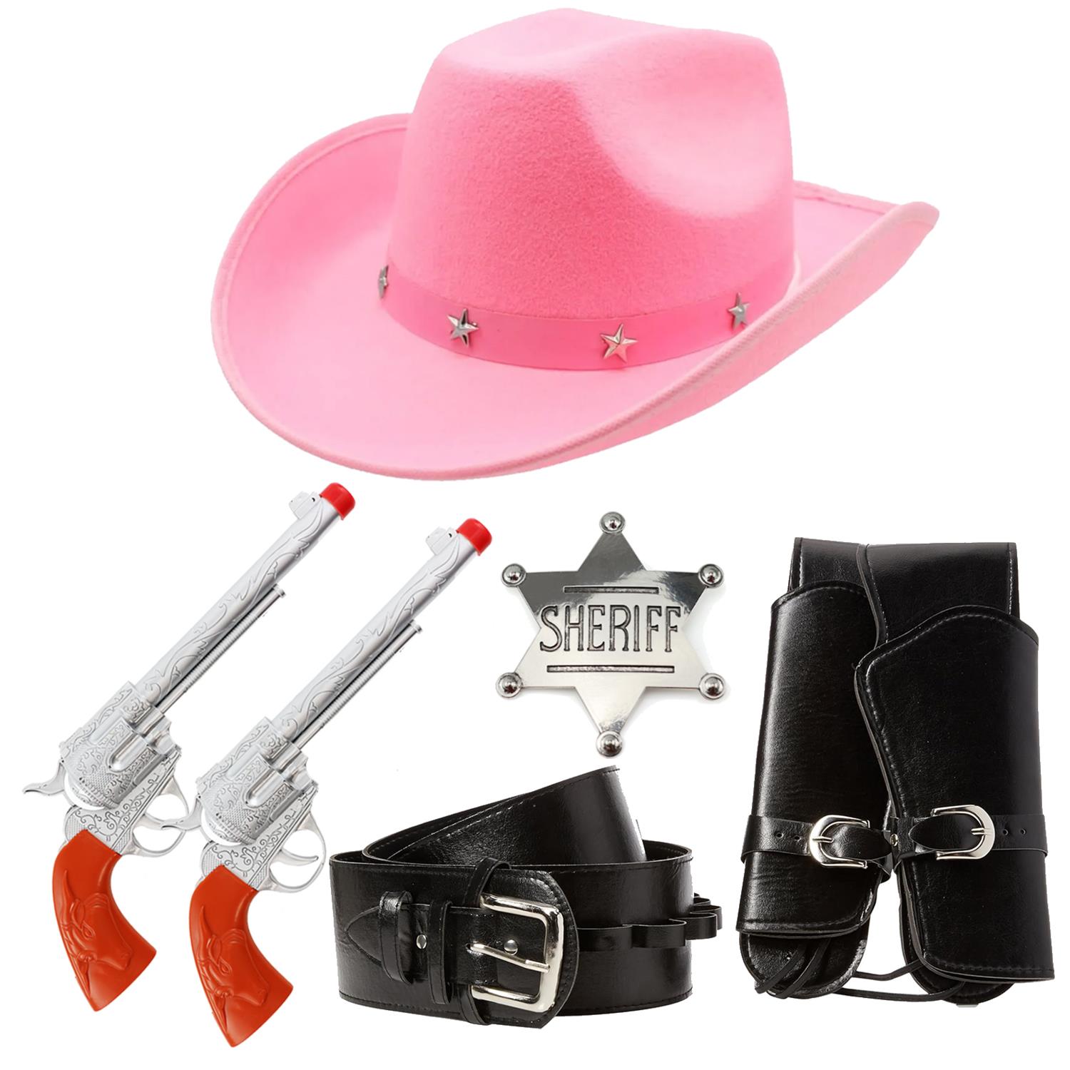 Adults Cowboy Accessory Set | 4 Pcs | Pink Studded Hat, Plastic Pistols, Badge & Holster