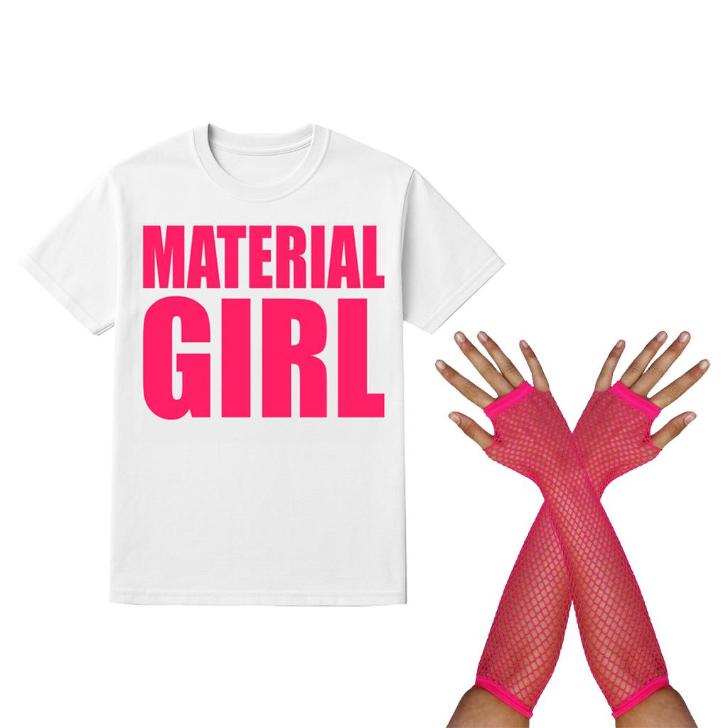Ladies Material Girl Costume – Printed T-shirt & Pink Fishnet Gloves