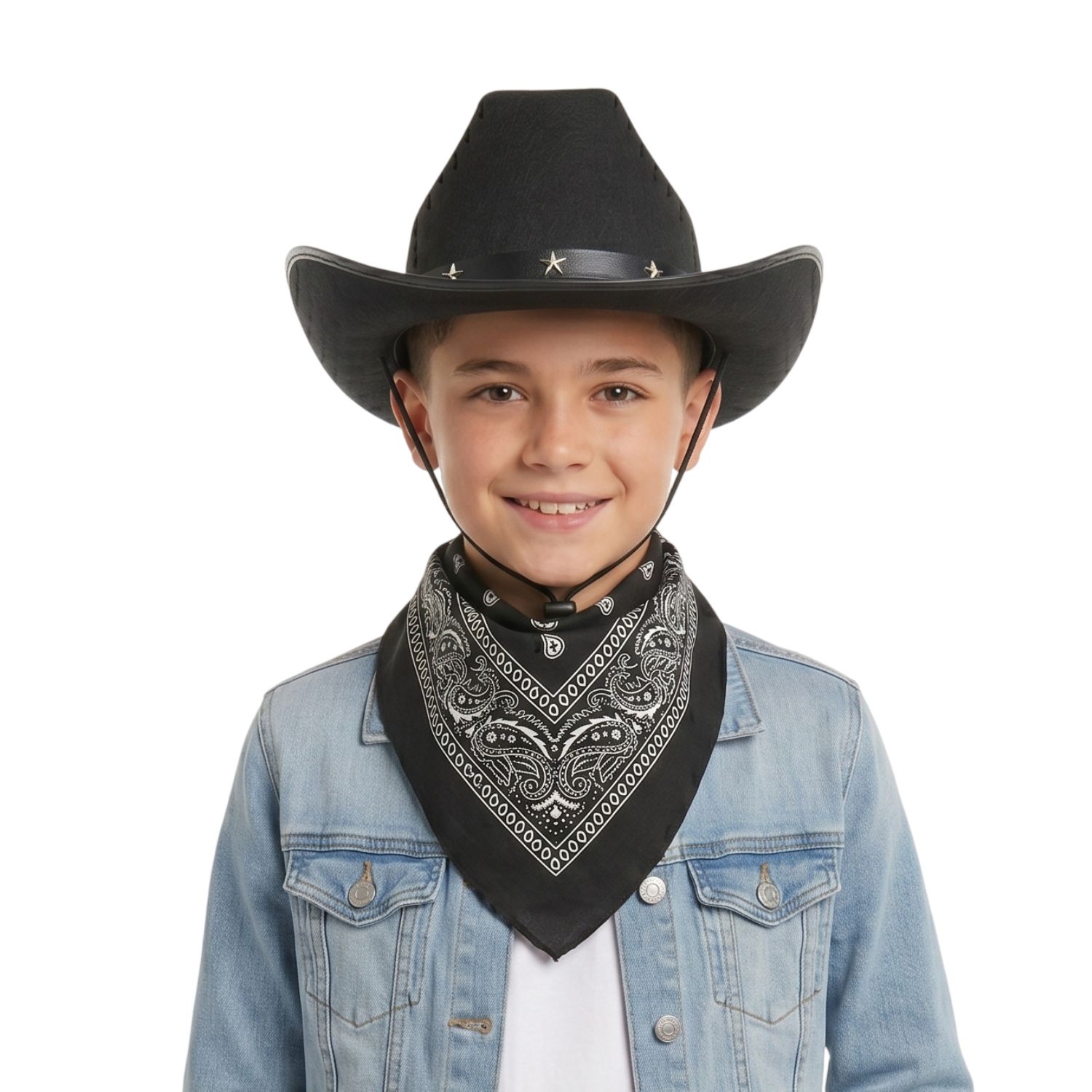 Childs Black Studded Cowboy Hat & Black Paisley Bandanna
