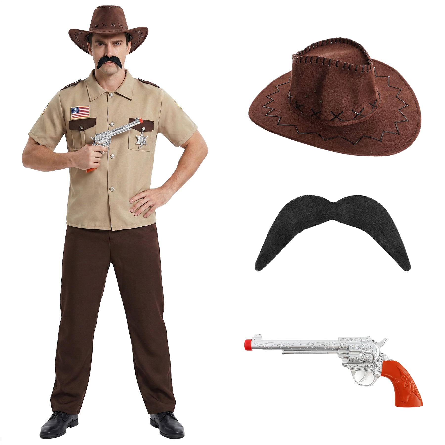 Adults Stranger 80's Chief | 4 Pcs | Costume, Hat, Gun Prop & Moustache