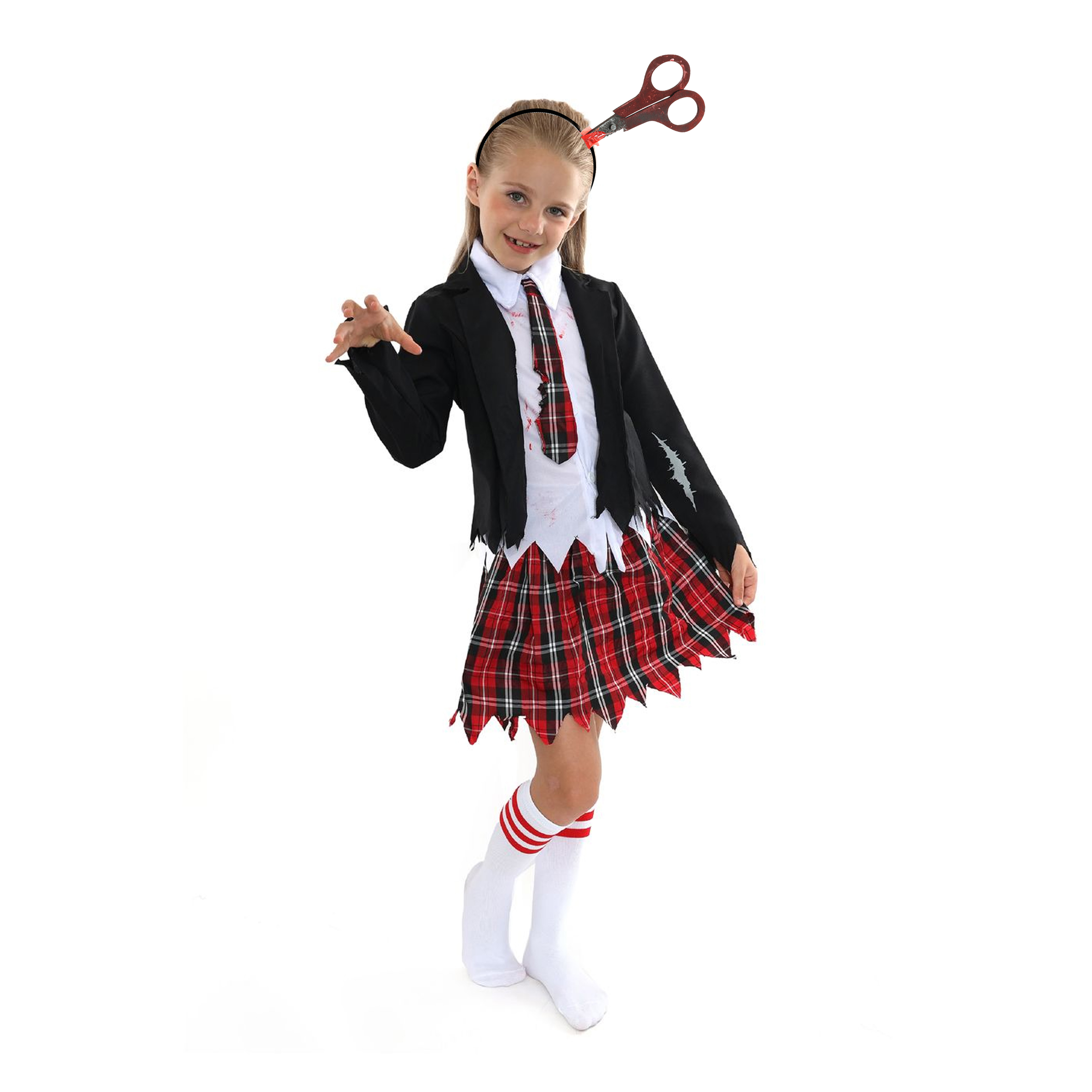 Girls Zombie Schoolgirl Halloween Costume with Scissors on Headband