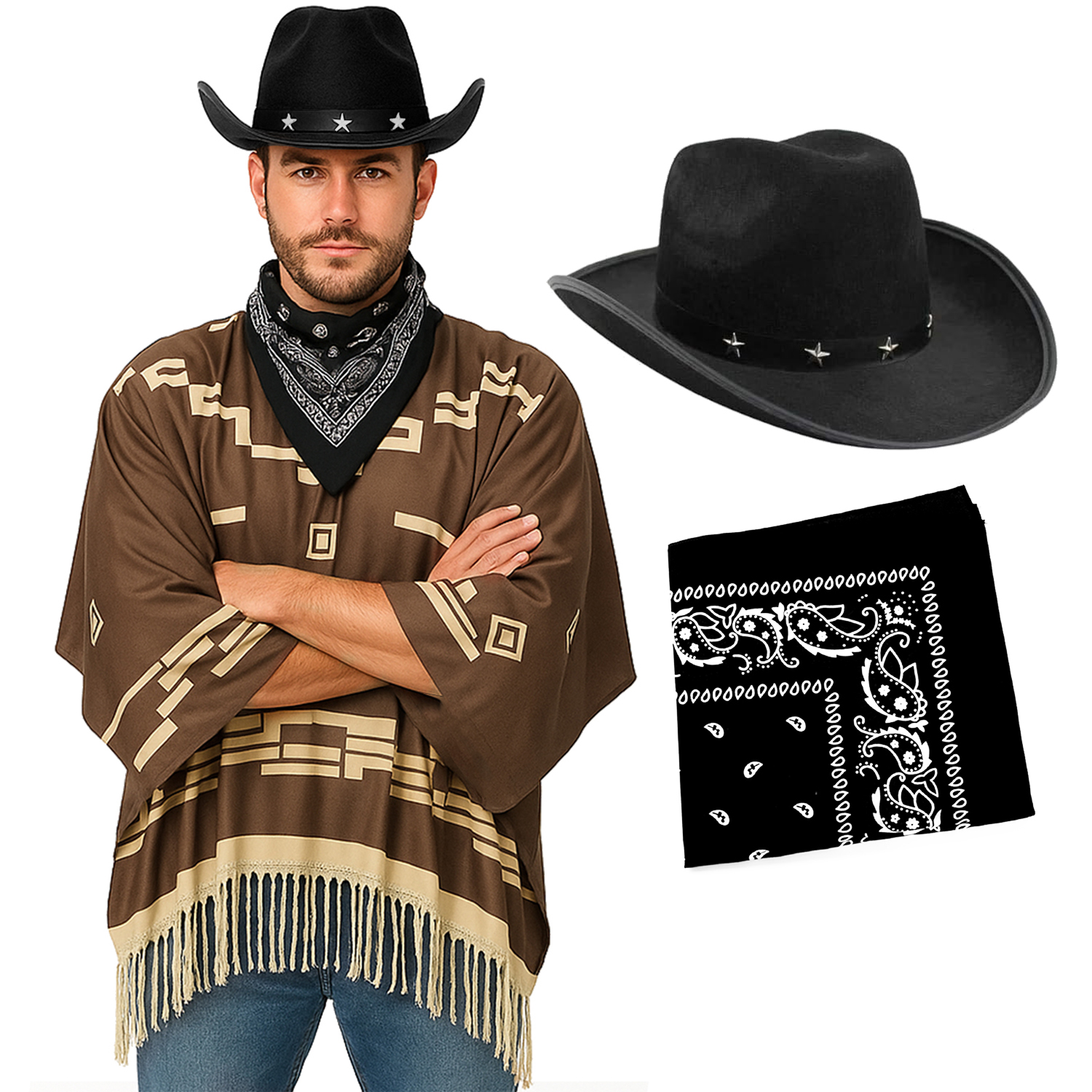 Adults Wild Western Costume | 3 Pcs | Brown Poncho, Black Bandana & Black Star Studded Cowboy Hat