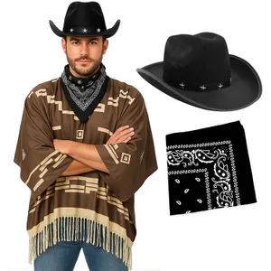 Adults Wild Western Costume | 3 Pcs | Brown Poncho, Black Bandana & Black Star Studded Cowboy Hat