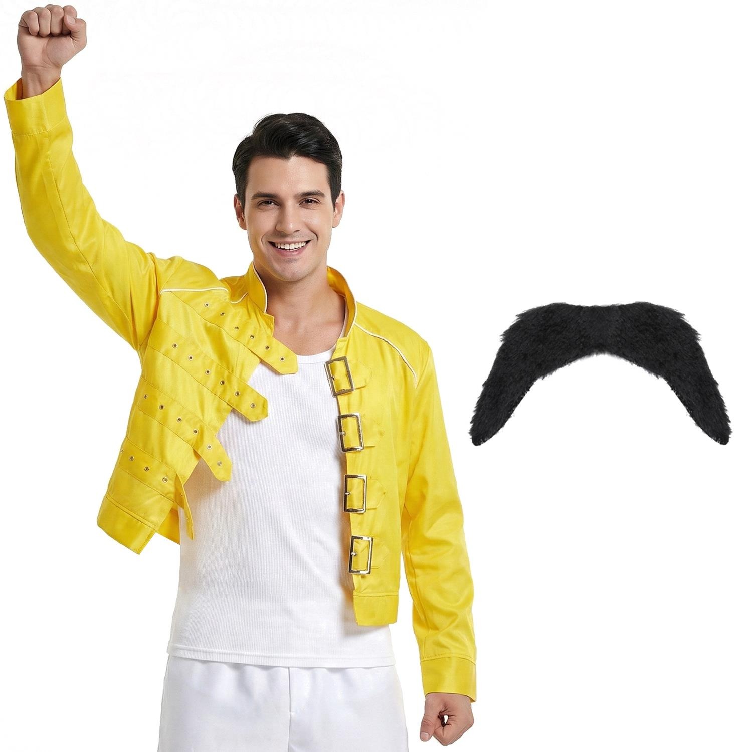 Adults 80's Rock Star Costume | 2 Pcs | Yellow Jacket & Tash