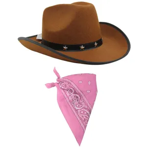 Brown Star Studded Cowboy Hat & Pink Paisley Bandana