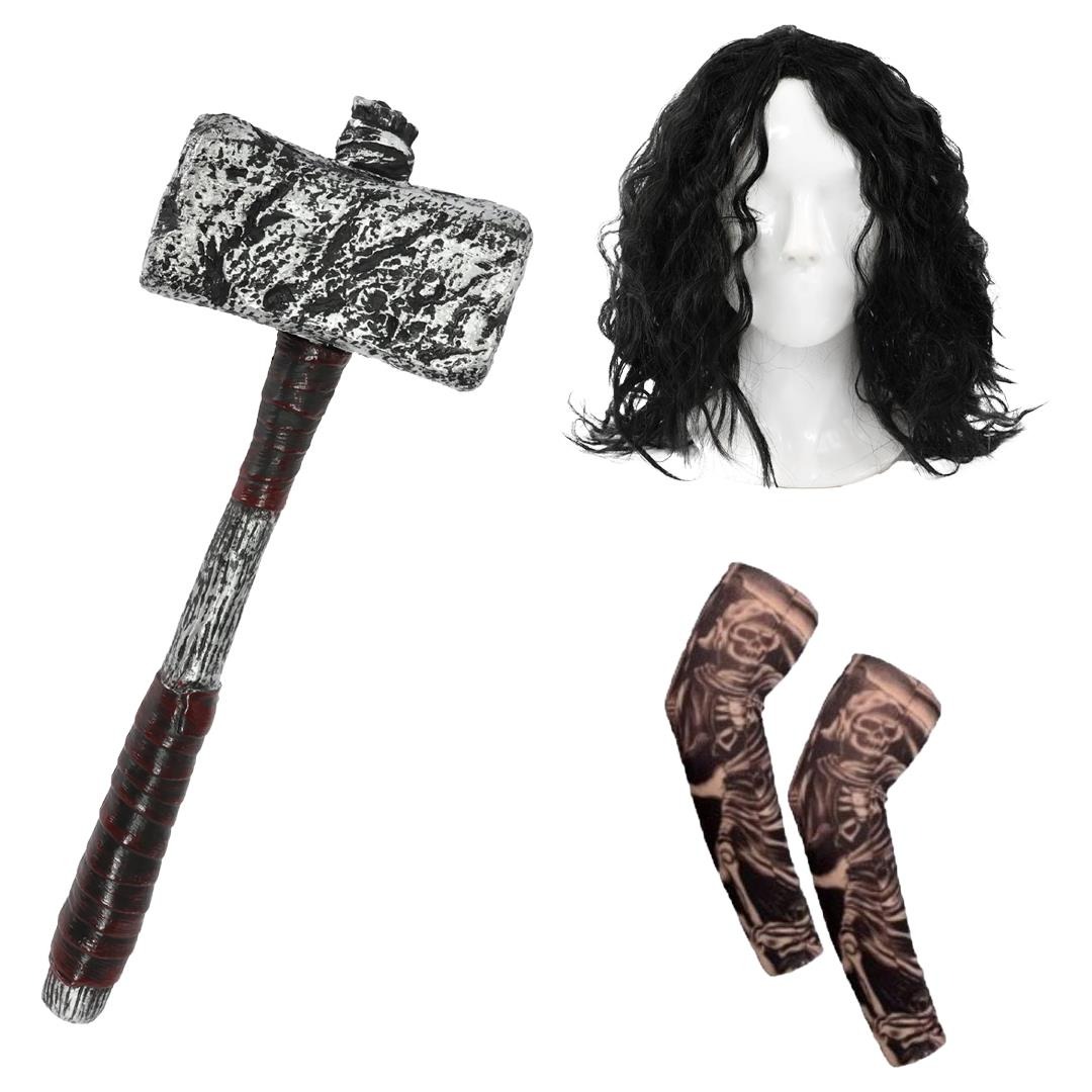 Adults Gladiator Accessory Set | 3 Pcs | Wig, Hammer & Tattoo Sleeves