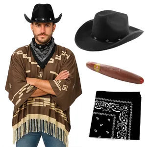Adults Wild Western Costume | 4 Pcs | Brown Poncho, Cigar, Black Bandana & Black Star Studded Cowboy Hat