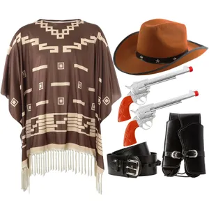 Adults Cowboy Accessory Set | 4 Pcs | Brown Studded Hat, Poncho, Plastic Pistols & Holster