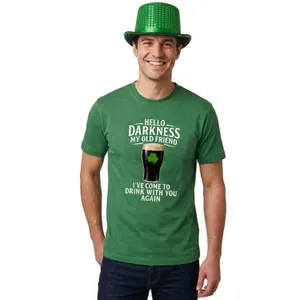 Adults Funny St Patricks Day Costume | Sequin Top Hat & T-Shirt “Hello Darkness My Old Friend I've Come to Drink with You Again” | Green Tee with White Print