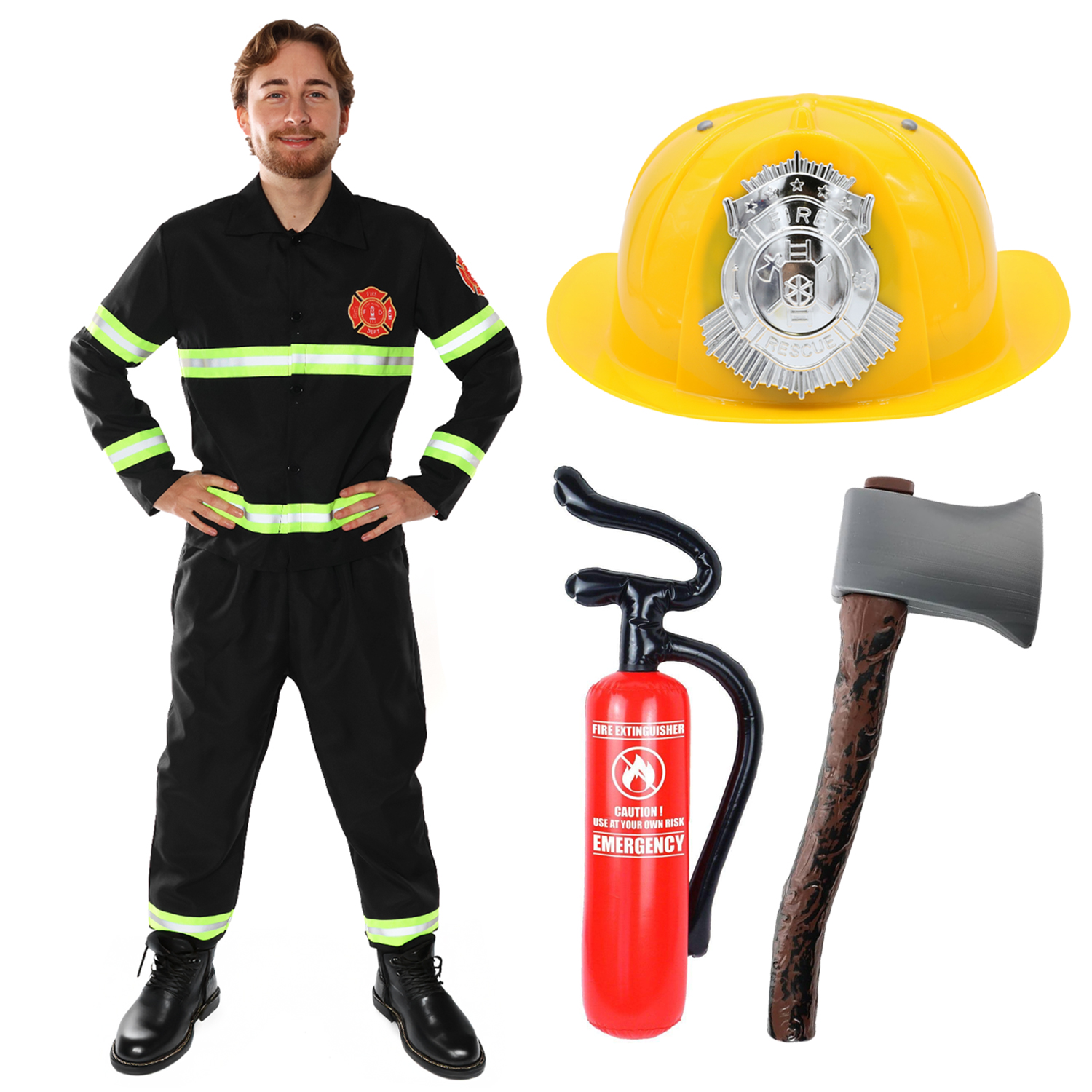 Adults Fireman Costume | 5 Pcs | Top, Trousers, Hat, Axe & Inflatable Fire Extinguisher