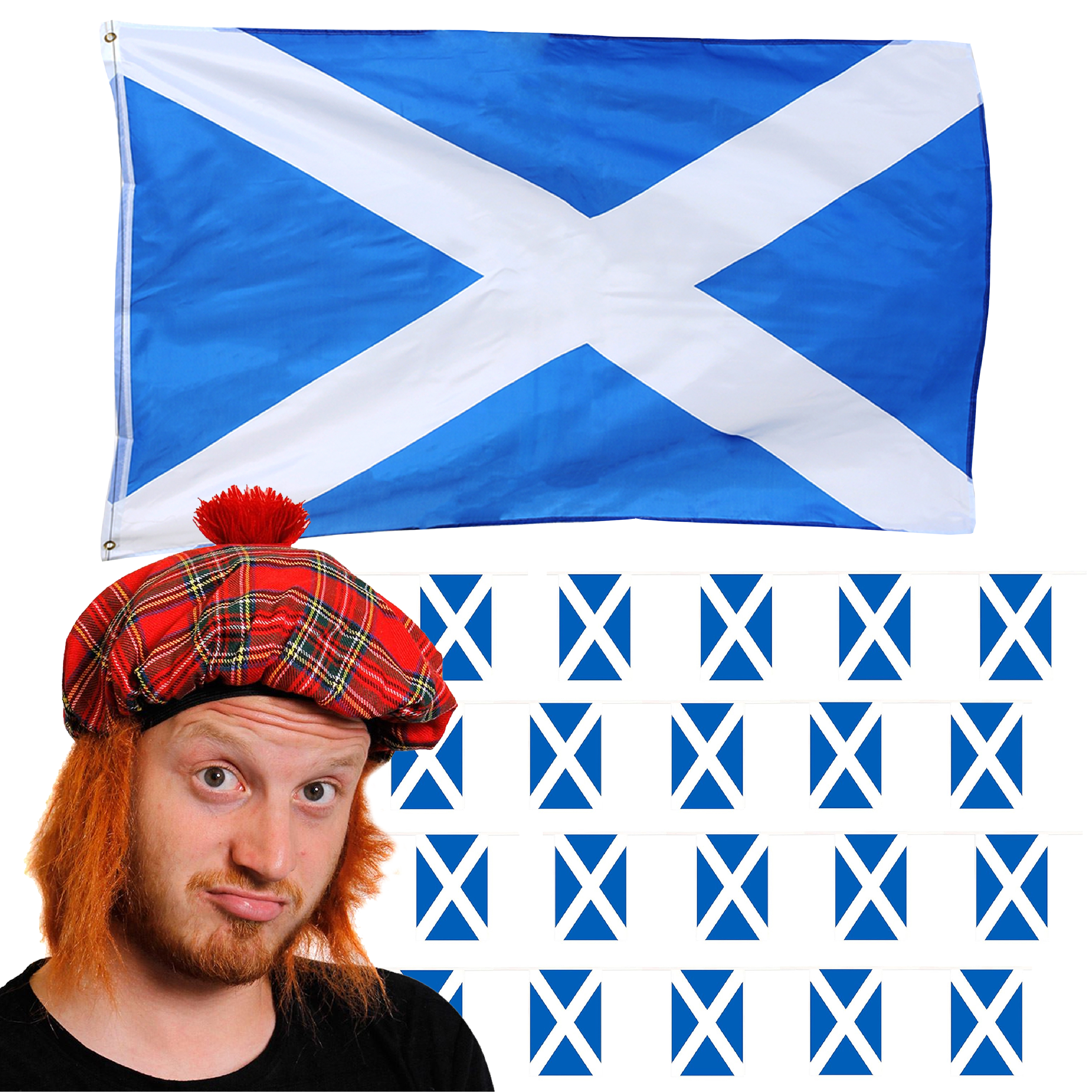Large 5 x 3ft Scottish Flag with Bunting 7 Tam O Shanter Set