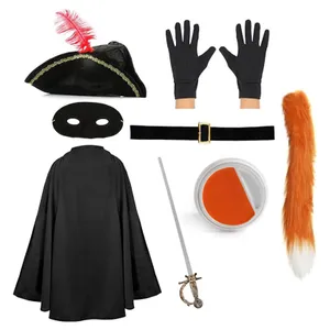 Adult's Deluxe Cat Bandit Costume | 8 Pcs | Cape, Hat, Black Mask, Belt, Gloves, Sword, Thin Tail, Orange & White Face Paint
