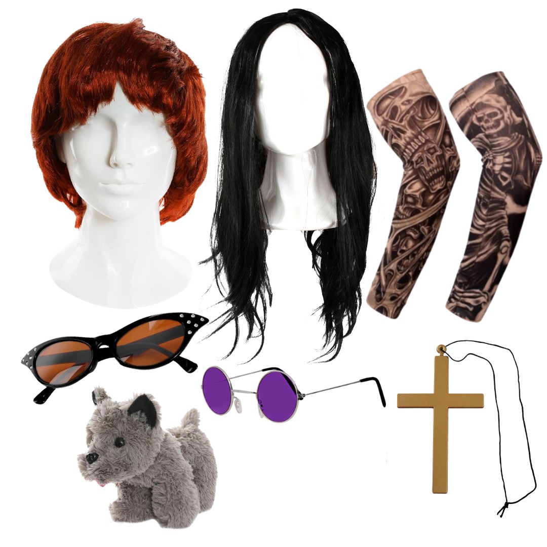 Osbourne Couple Accessory Set | 8 Pcs | Wigs, Glasses, Necklace, Tattoo Sleeves & Toy Dog