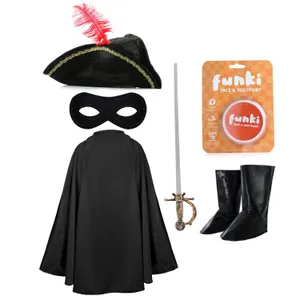 Childs Cat Bandit Costume | 6 Pcs | Cape, Hat, Black Mask, Sword, Boot Covers & Orange Face Paint