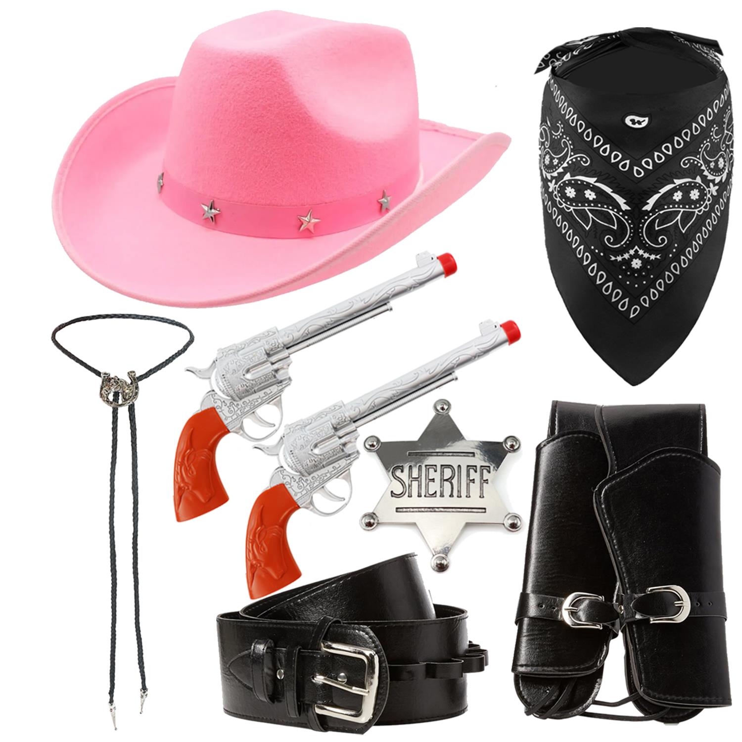 Adults Cowboy Accessory Set | 6 Pcs | Pink Studded Hat, Plastic Pistols, Bandana, Holster, Badge & Bootlace Tie