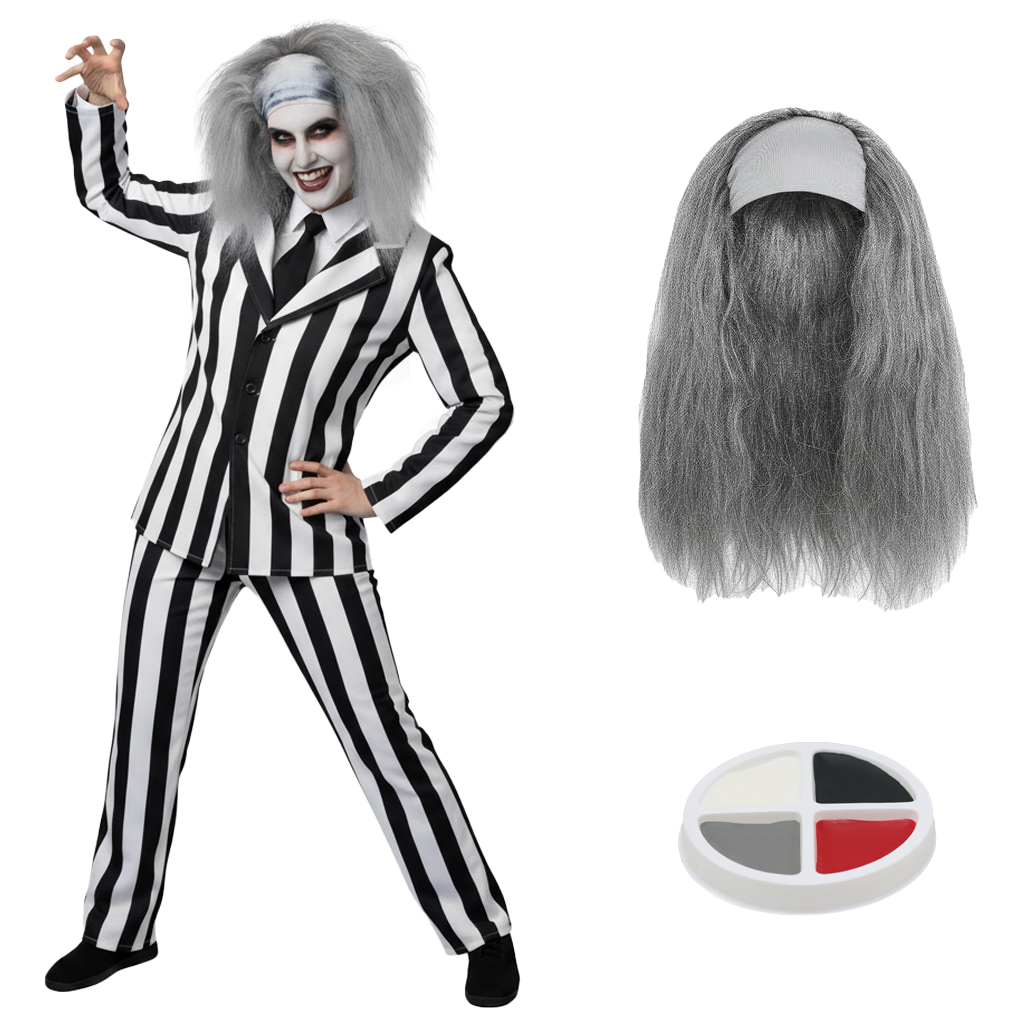 Ladies Striped Ghost Costume | 4 Pcs | Suit, Tie, Wig & Face Paint