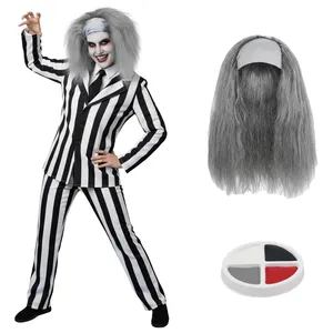 Ladies Striped Ghost Costume | 4 Pcs | Suit, Tie, Wig & Face Paint