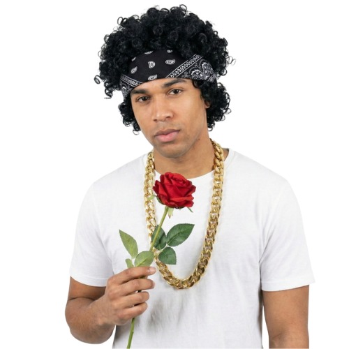 Adults 24 Karat Pop Star Costume | 5 Pcs | T-Shirt, Black Wig, Banana, Chain & Rose