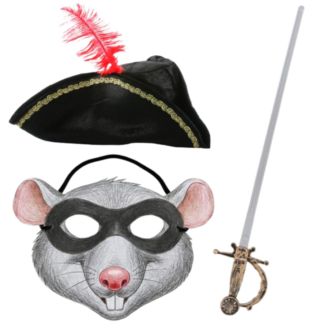 Childs Highway Rodent Accessory Set | 3 Pcs | Feather Tricorn Hat, Rat Mask & Sword