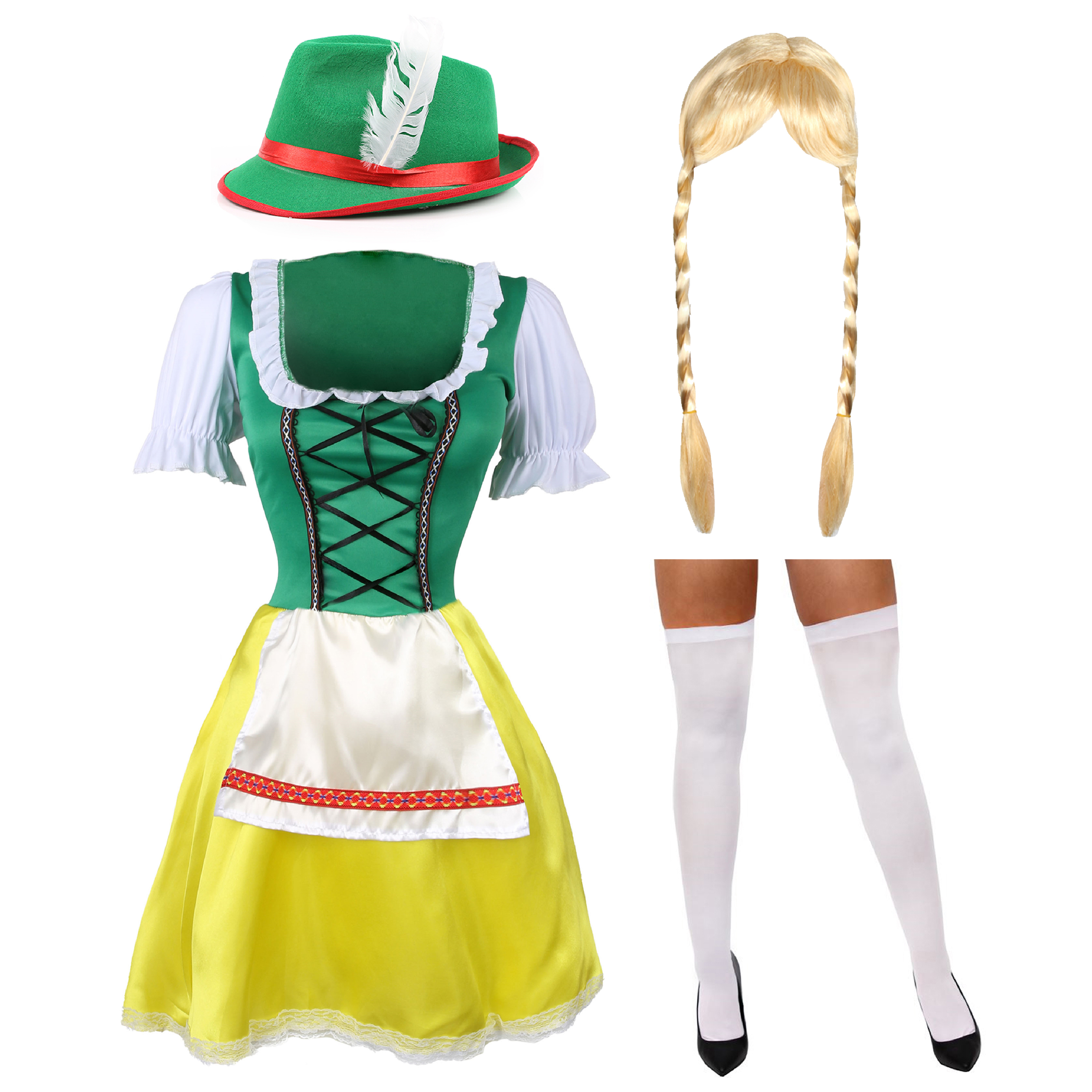 Ladies Green & Yellow Bavarian Dress with Stockings, Plaits & Hat