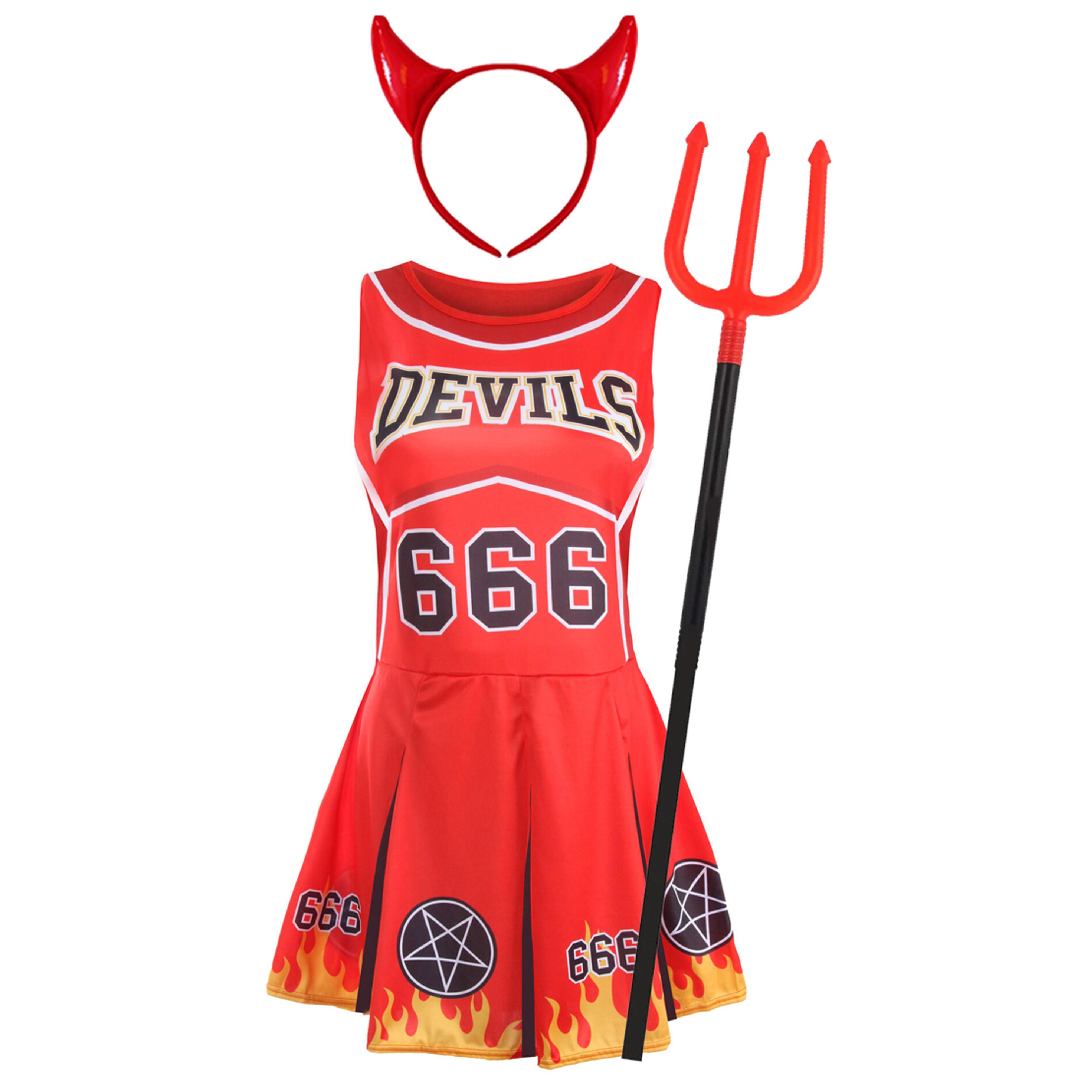 Adults Devil Cheerleader Dress  Devil Horns and Fork (110cm)