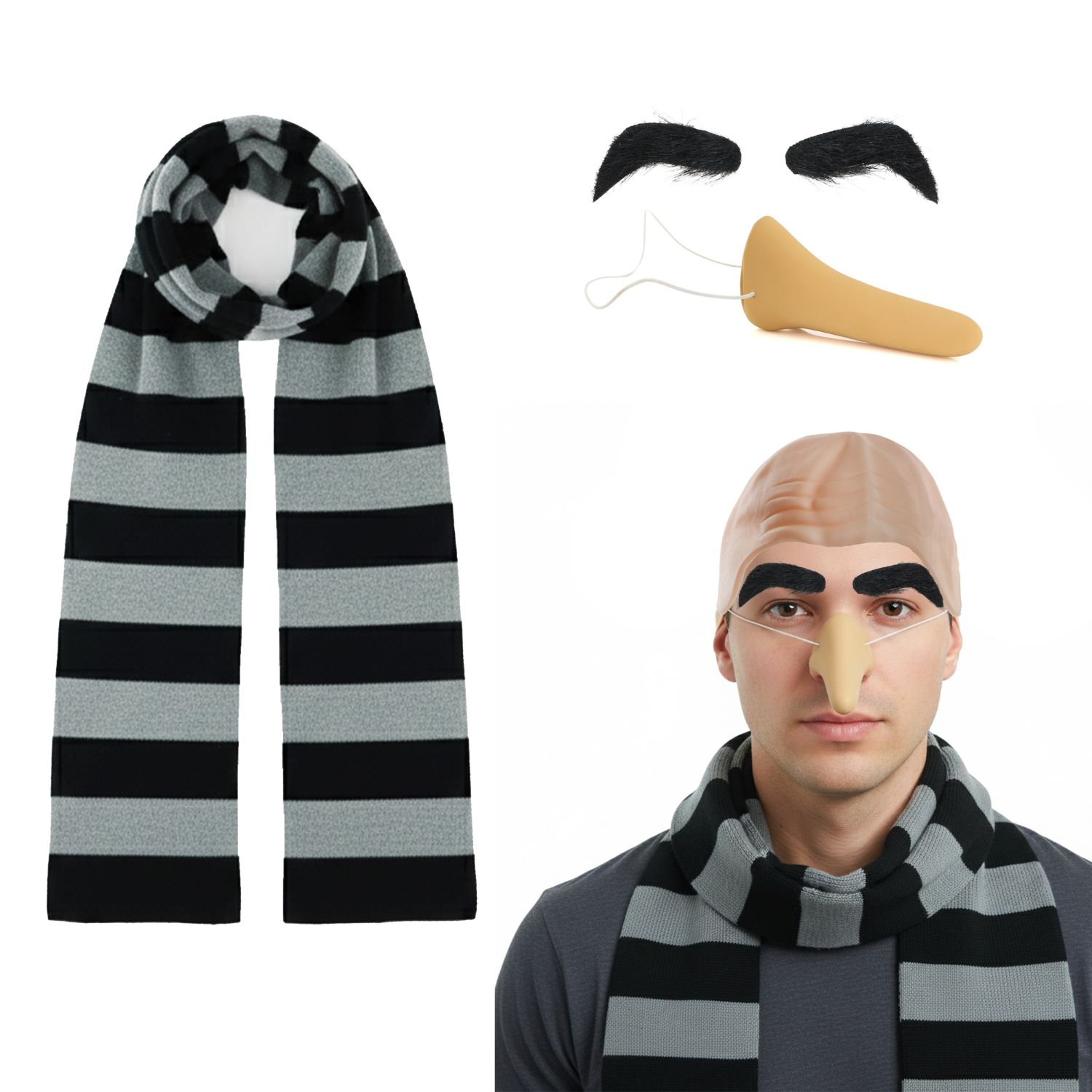 Adults Despicable Villain Costume | 3 Pcs | Eyebrows, Nose & Scarf