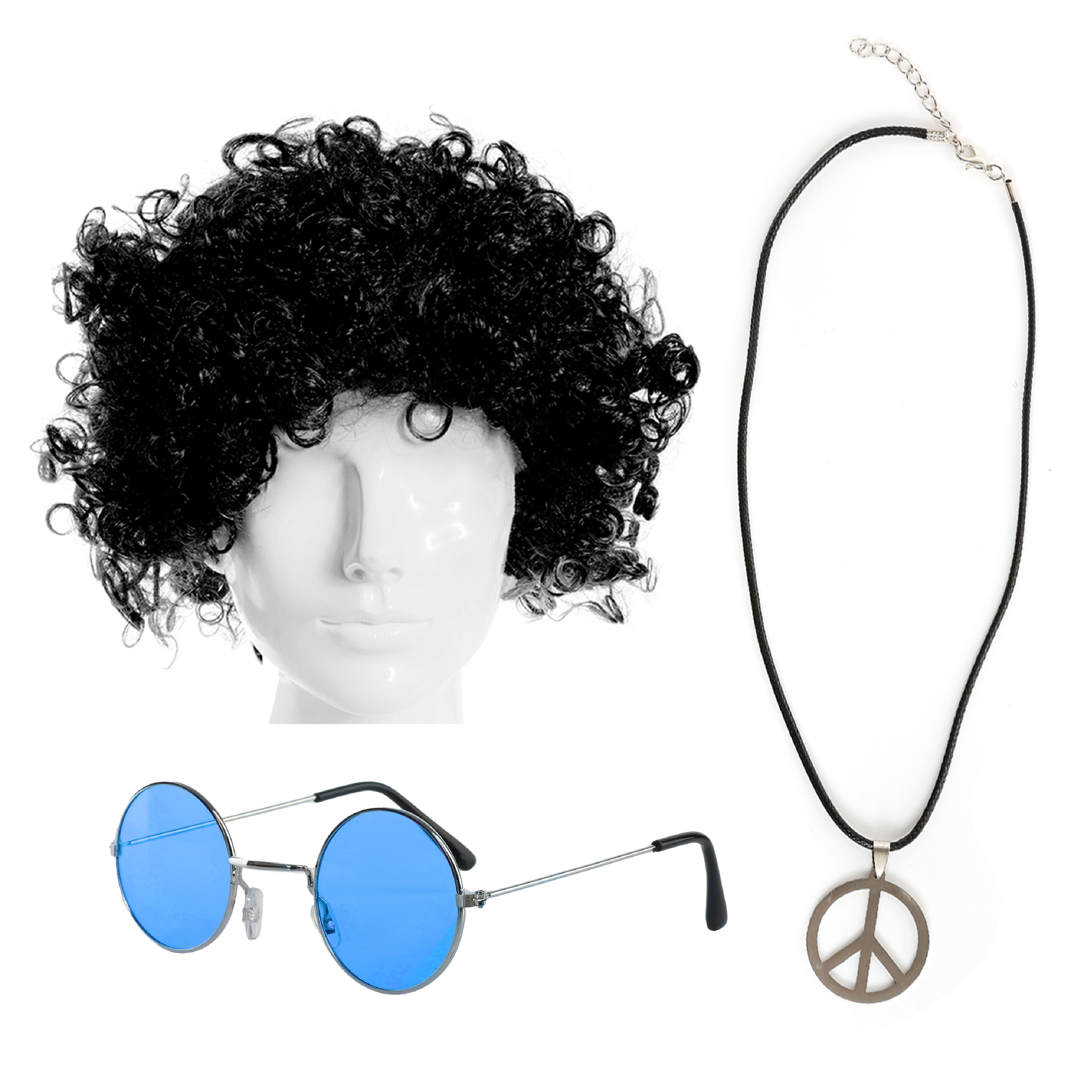 Hippie Set - Black Afro, Necklace & Glasses