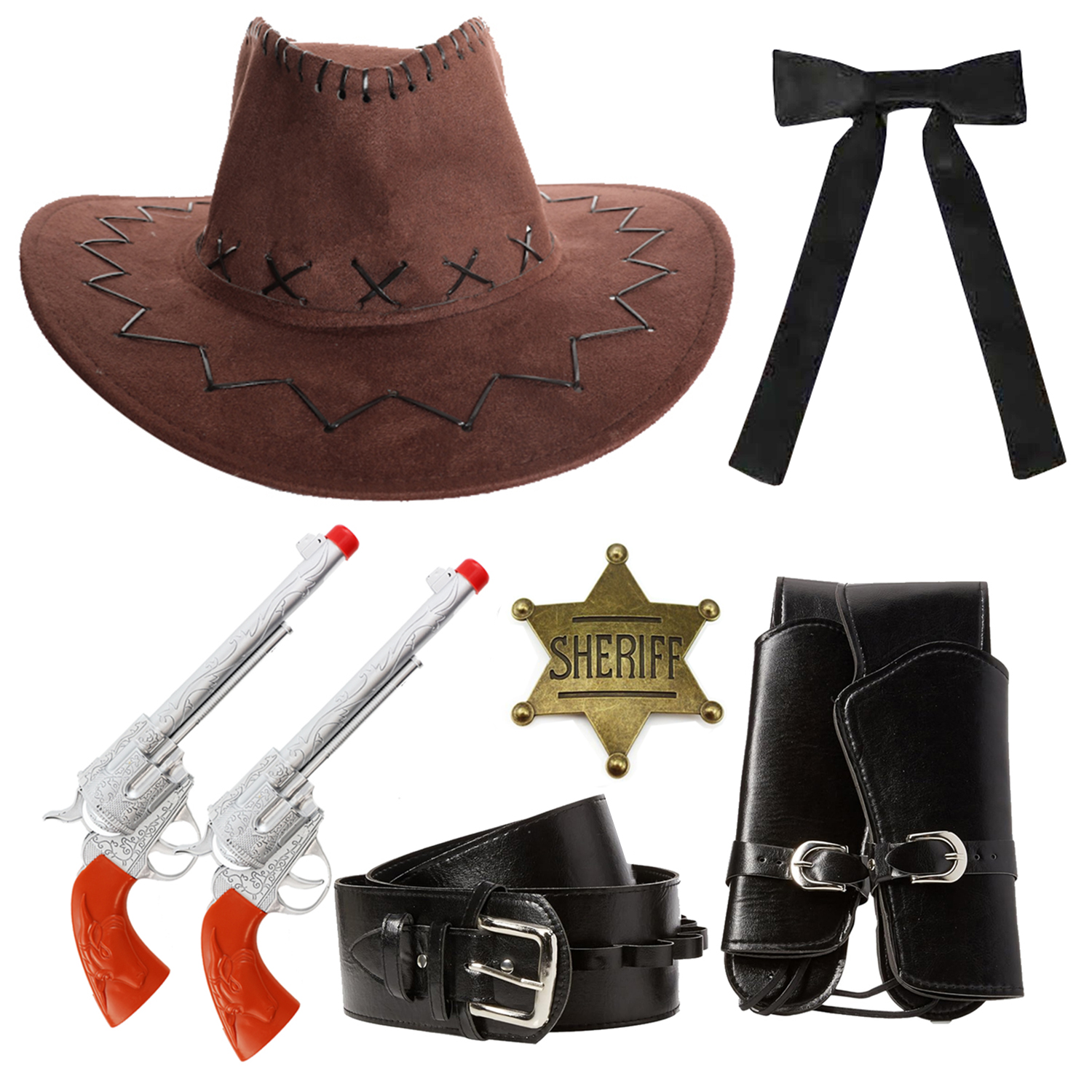 Adults Sheriff Accessory Set | 5 Pcs | Brown Suede Hat, Plastic Pistols, Gun Holster, Gold Badge & Western Tie