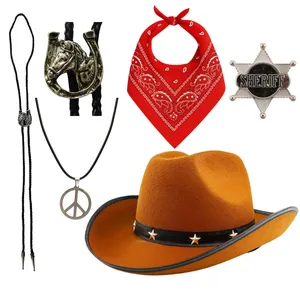 Adults Cowboy Set | 5 Pcs | Brown Hat, Bootlace Tie, Necklace, Bandana & Sheriff Badge