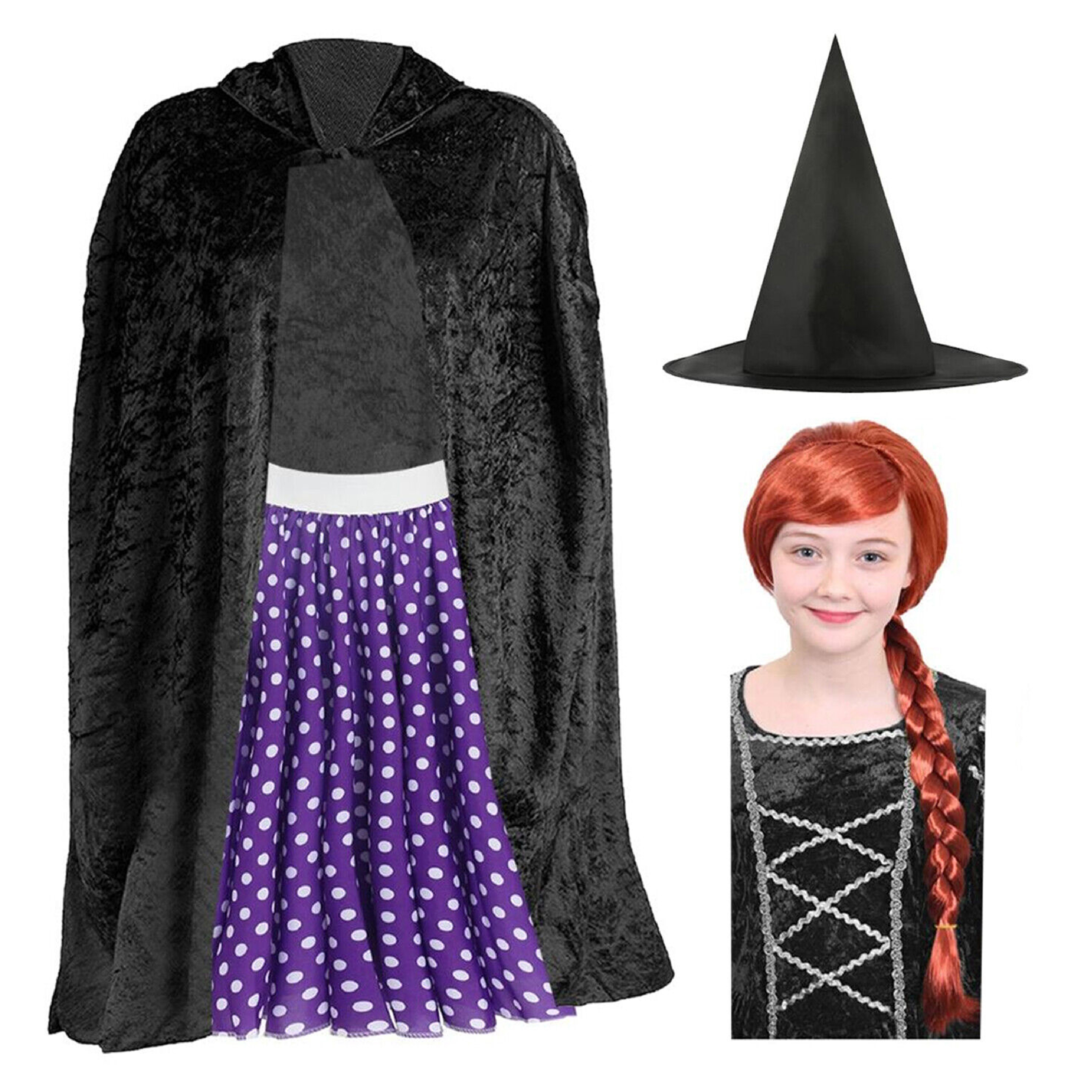 Child's Kind Witch Costume | 4 Pcs | Skirt, Cape, Hat & Wig