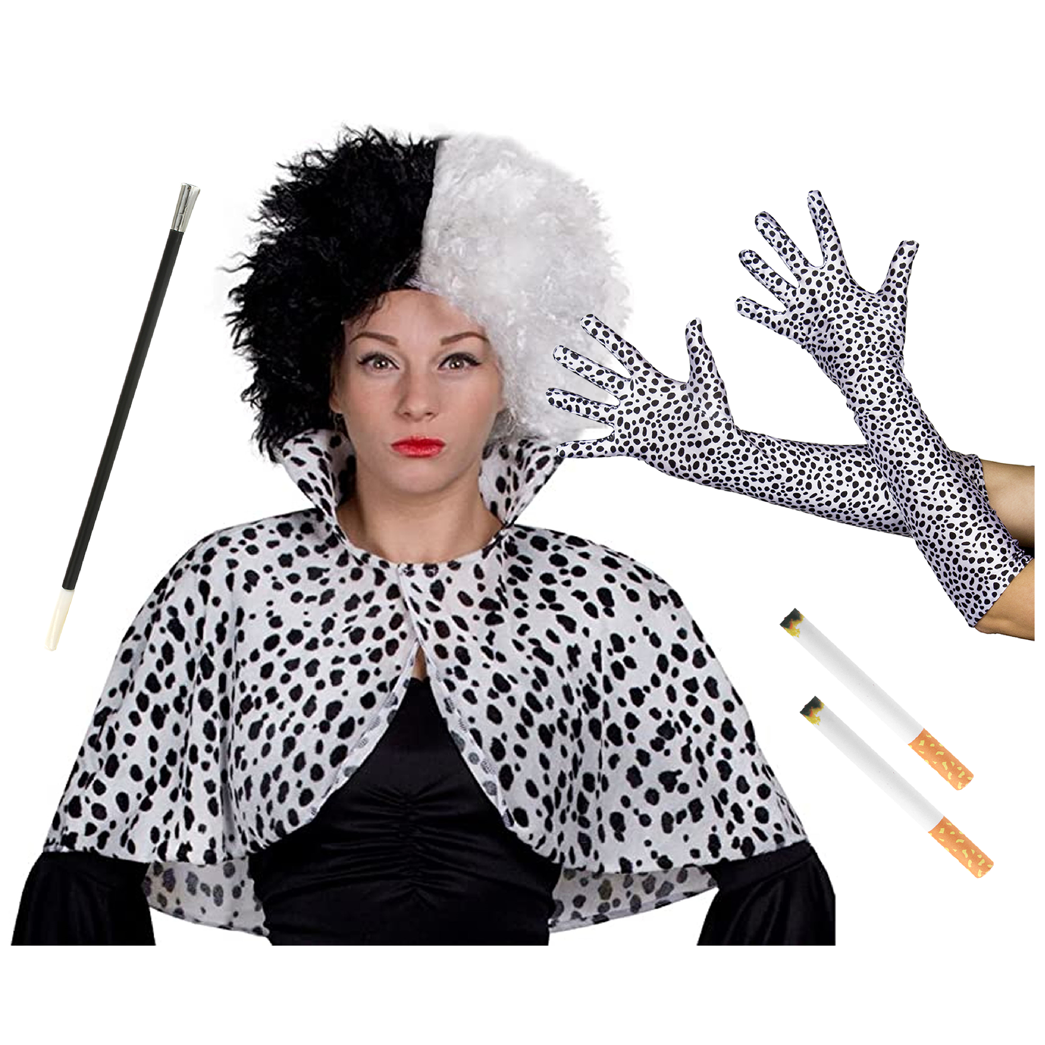 Evil Dog Lady Accessory Set - Cape, Crimped Wig, Dalmatian Gloves & Fake Cigarettes