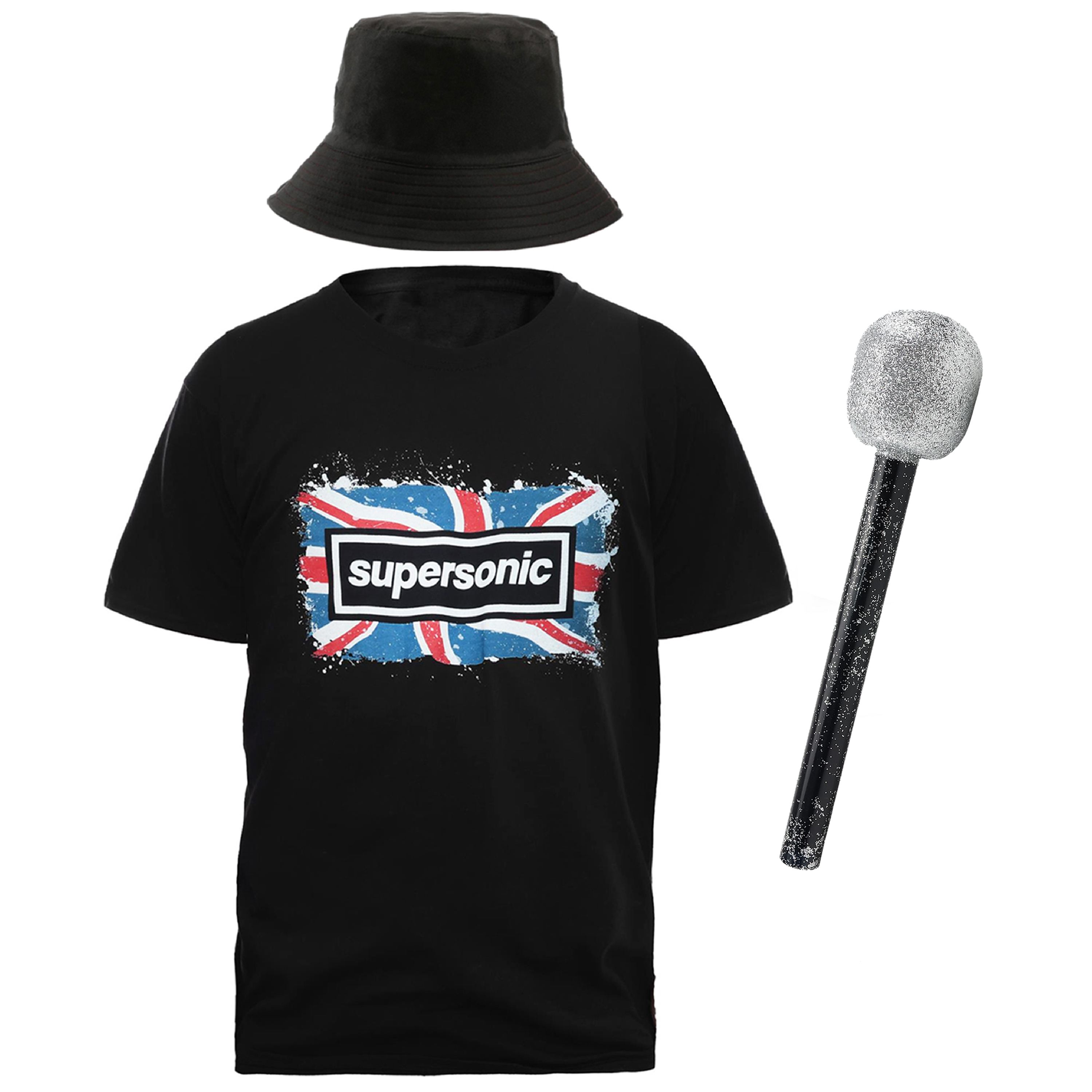Adults Britpop Cosplay Costume - Super Sonic Tee, Bucket Hat & Mic