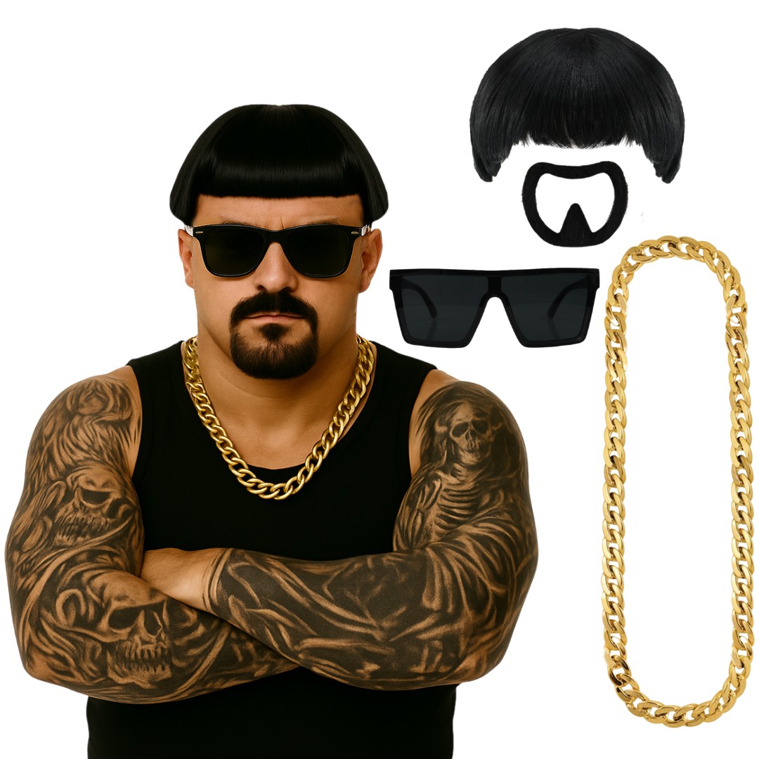 Ibiza Final Boss Costume Accessory Set | 4 Pcs | Wig, Chain, Black Square Sunglasses & Goatee