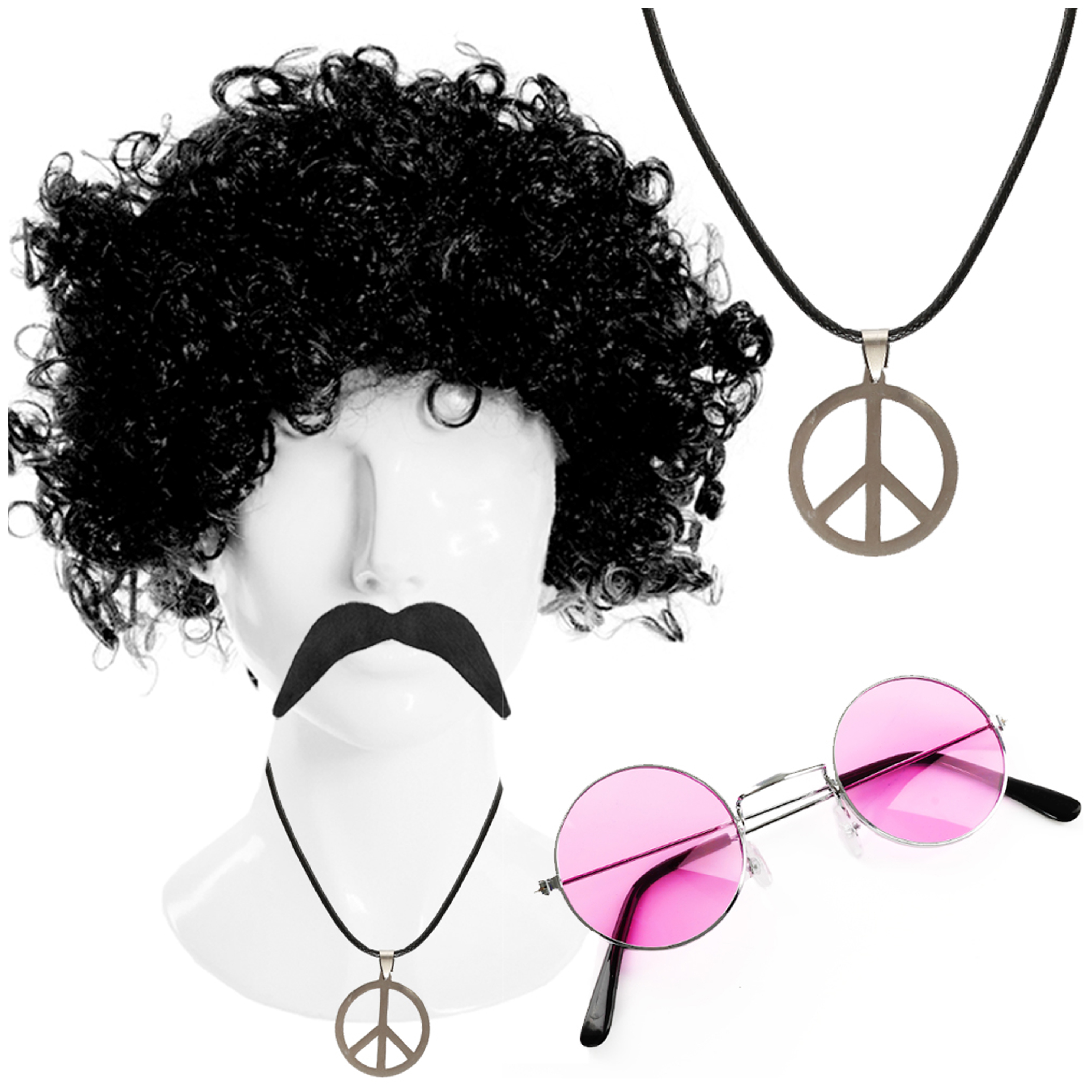 Hippy Accessory Set - Afro Wig, Moustache, Necklace & Pink Glasses
