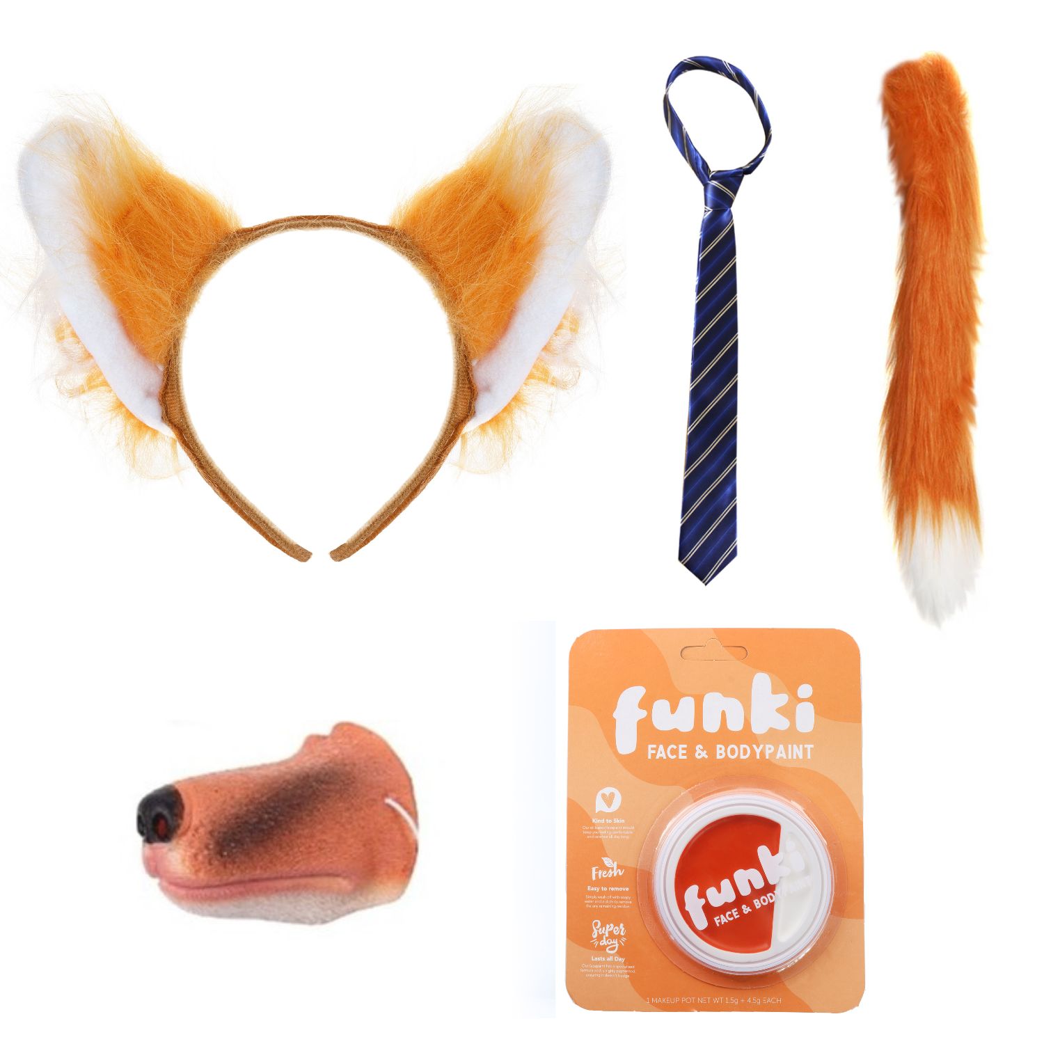 Nick Fox Costume | 5 Pcs | Ears, Tie, Thin Tail, Nose & Face Paint