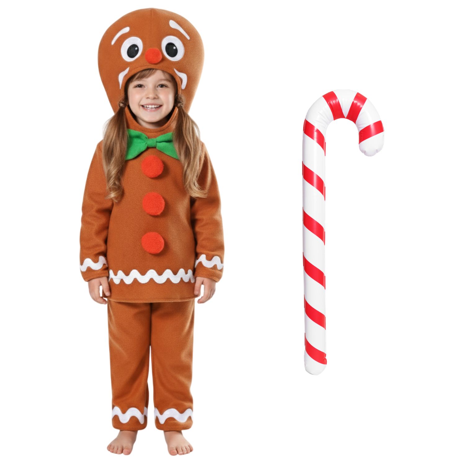 Girls Gingerbread Man Costume | 3 Pcs | Top, Trousers & Inflatable Candy Cane