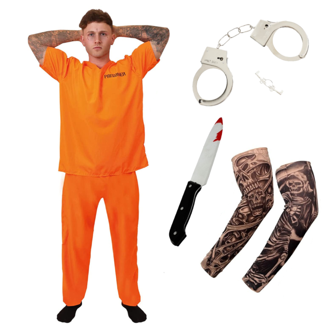 Adults Orange Prisoner Costume with Handcuffs, Knife & Tattoo Sleeves