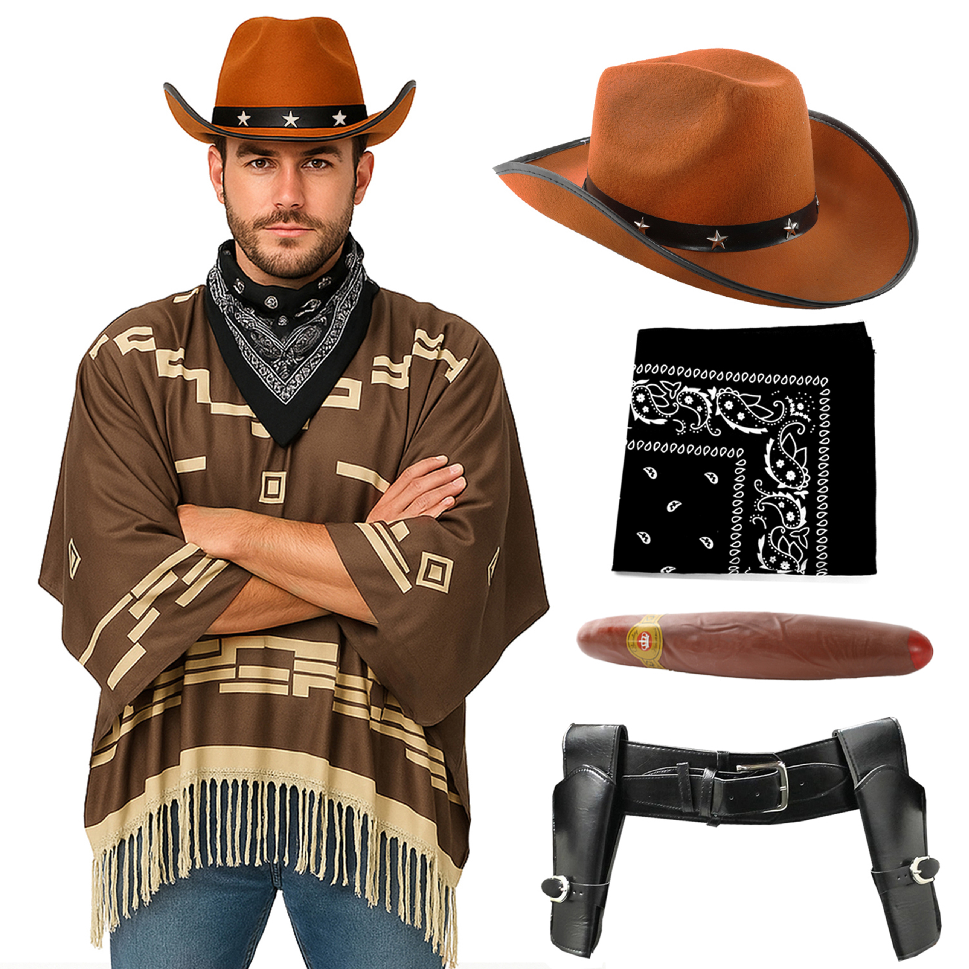 Adults Wild Western Costume | 5 Pcs | Brown Poncho, Cigar, Black Bandana, Holster & Brown Star Studded Cowboy Hat
