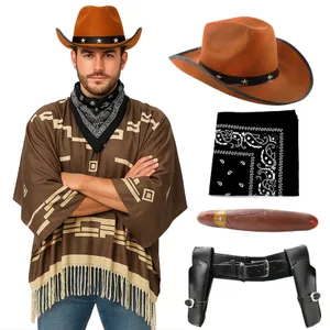 Adults Wild Western Costume | 5 Pcs | Brown Poncho, Cigar, Black Bandana, Holster & Brown Star Studded Cowboy Hat