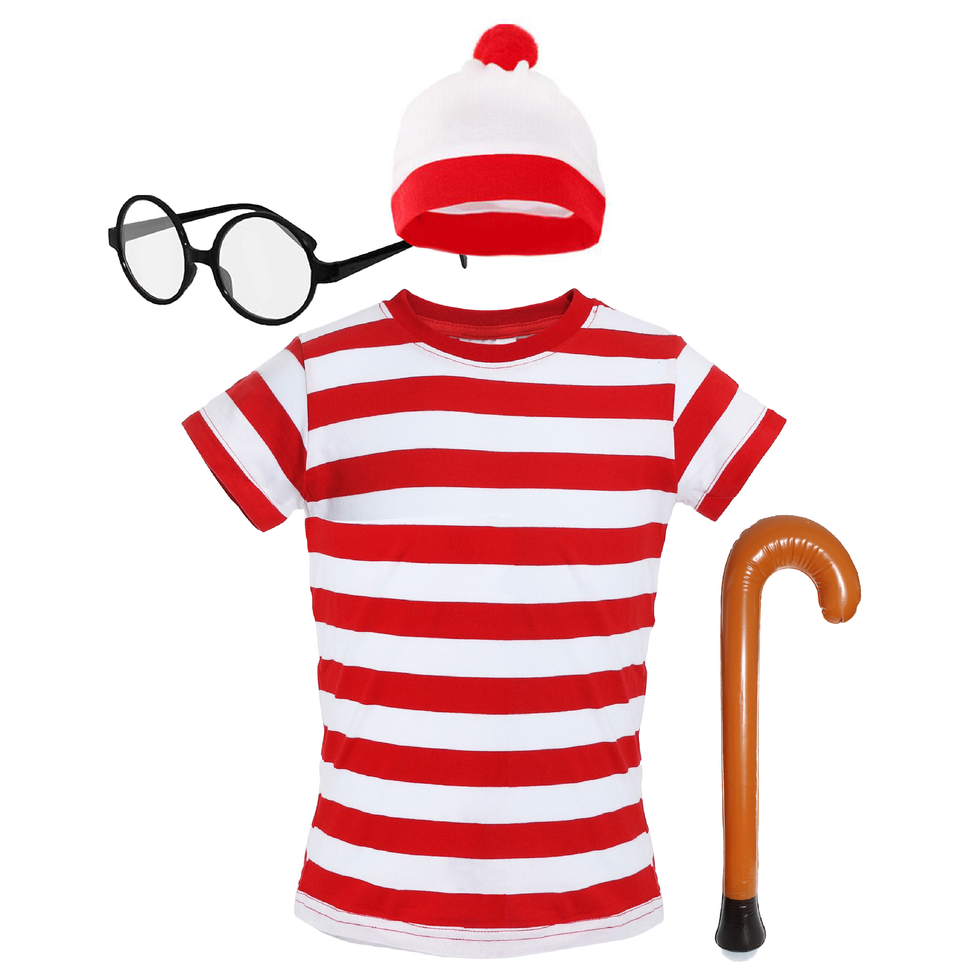 Childs Find Me Costume - Short Sleeve Top, Bobble Hat, Round Glasses & Inflatable Walking Stick