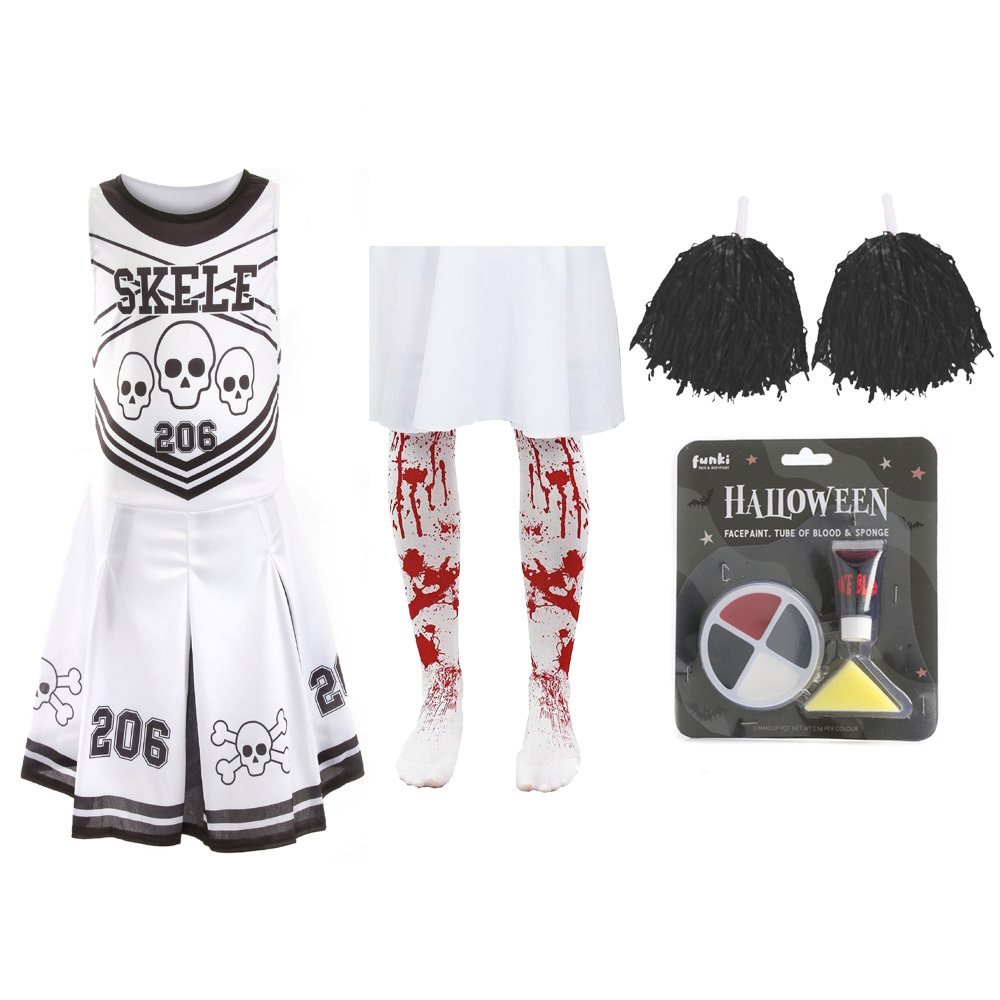 Girls Halloween Skeleton Cheerleader - Facepaint, Bloody Tights, and Black Pom Poms