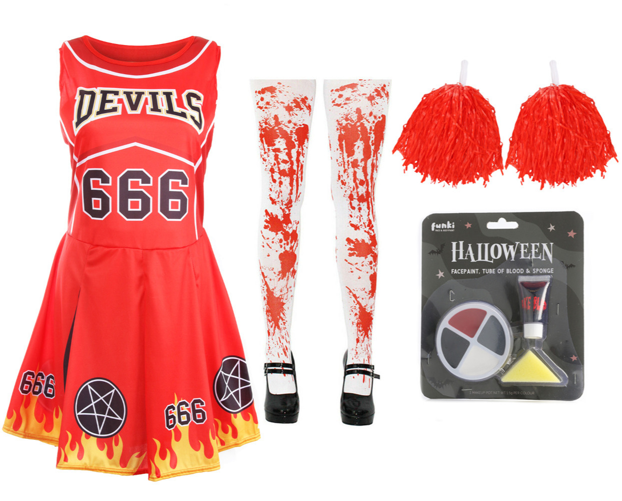 Ladies Halloween Devil Cheerleader - Facepaint, Bloody Tights, and Pom Poms