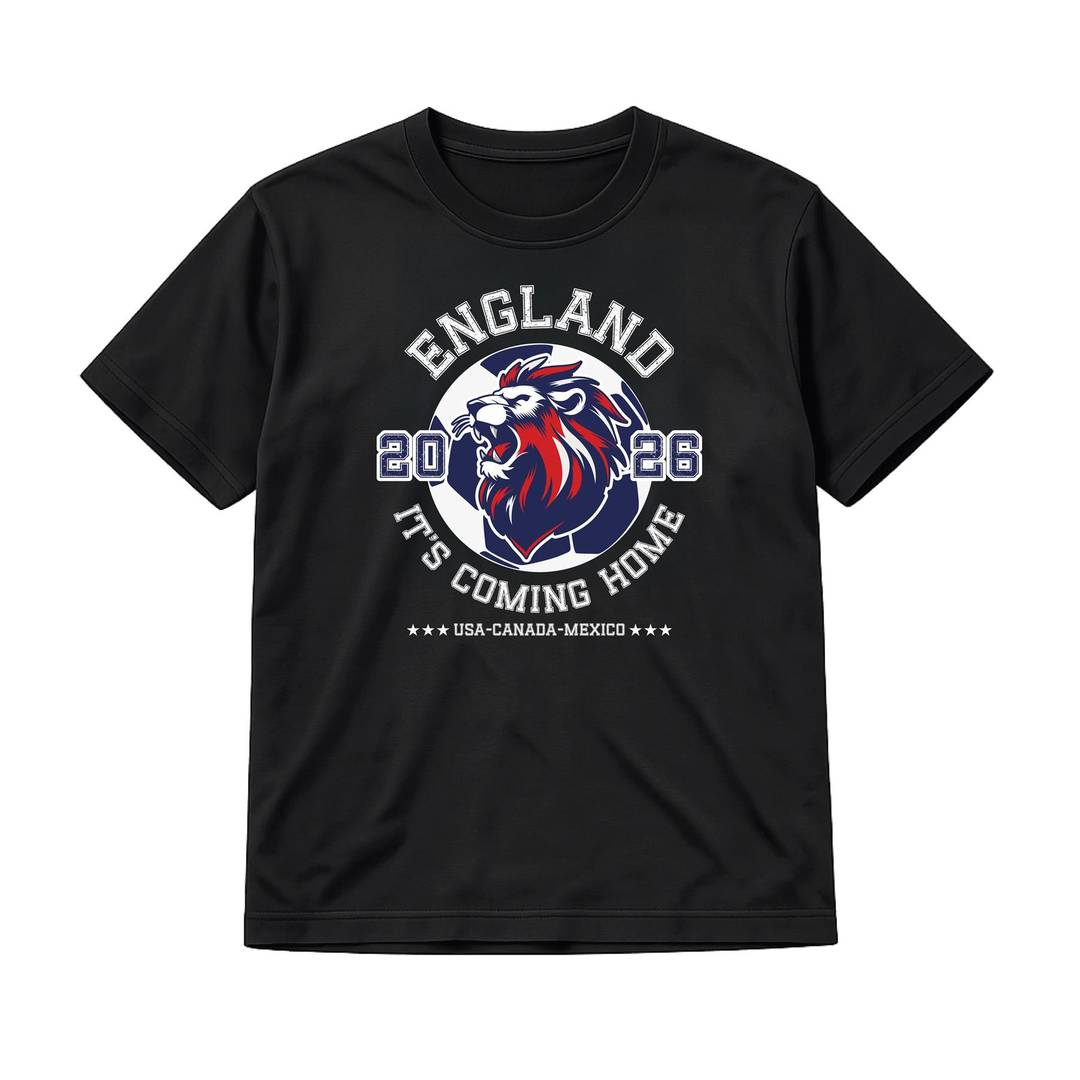 Adults Black England T-Shirt | Men's & Women's England Lion Print Football Tee | 100% Cotton